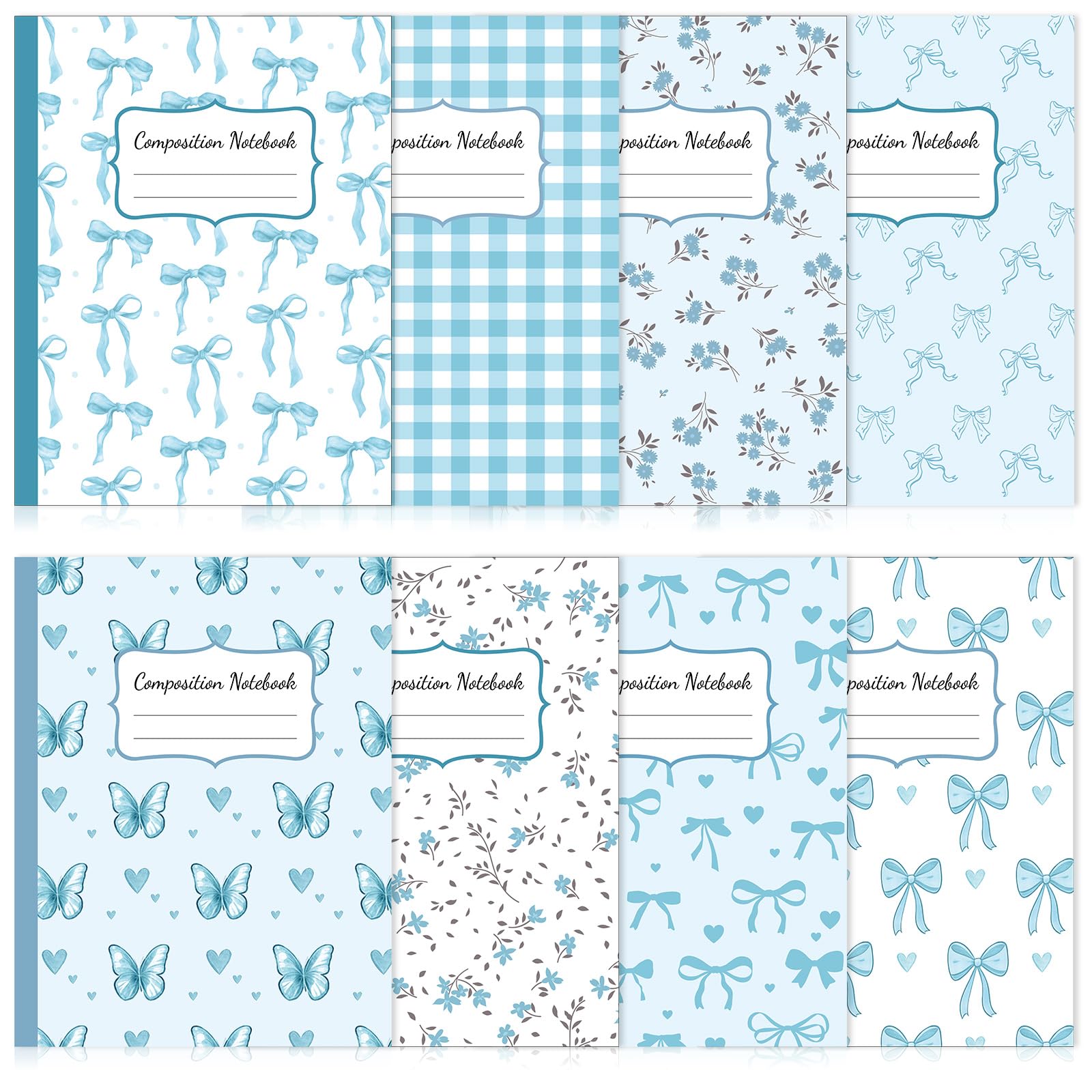 8 Pack Blue Bow Composition Notebooks Bulk Blue Notebook College Ruled Journal 100 Pages Cute Aesthetic Bow Composition Books Back to School Gift for Student Teacher Office Supplies 9.7x7.5 Inch