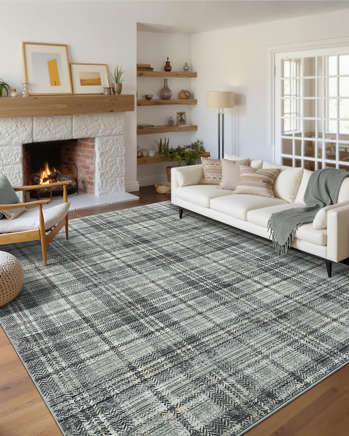 LUXLOOM Washable Rugs 9 x 12 Rug for Living Room Soft Bedroom Rug Modern Plaid Large Area Rug Non Shedding Non Slip Throw Rugs Stain Resistant Carpet