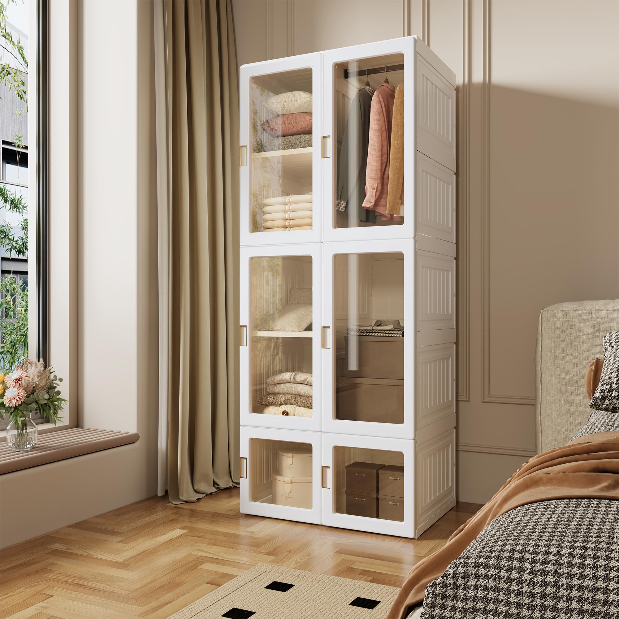 Tragbarer Klappschrank mit 6 Türen, Zusammenklappbarer Kleiderschrank mit Fächern und Kleiderbügel und Magnetverschluss, Tragbar Faltbar Magnetisch Transparent Vielseitig (weiß, 69 x 50 x 170 cm)