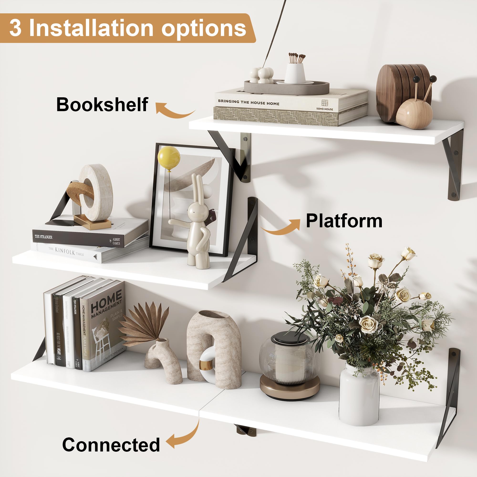 Feihorrm Floating Shelves Set of 2, 40 x 20 cm Deep Shelves for Wall White Wooden Book Shelf with Metal Brackets - Image 4