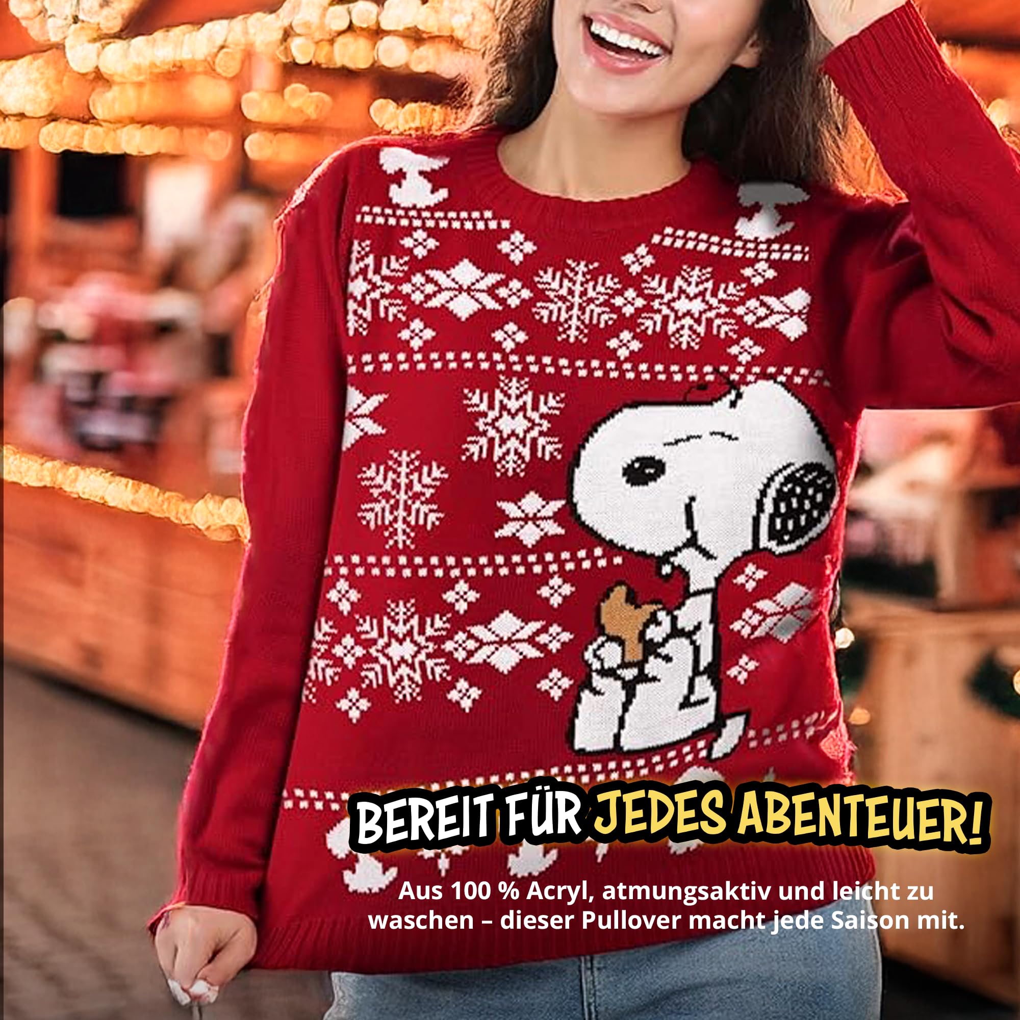 The Peanuts Jersey de Invierno Unisex – Snoopy Winter Strick Jersey Sudadera Ugly Sweater para Hombre y Mujer, Rojo