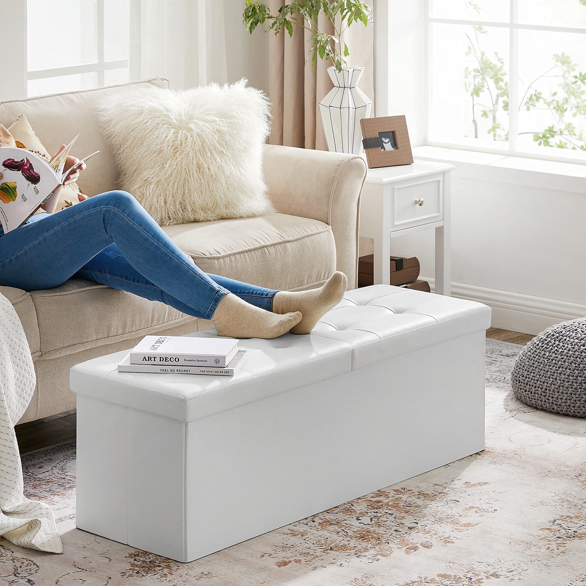 SONGMICS Puff Almancenaje, Banco Almacenaje, Banco con Tapa Plegable, Capacidad de 120 L, con Asiento Acolchado, 38 x 110 x 38 cm, Blanco LSF75WT