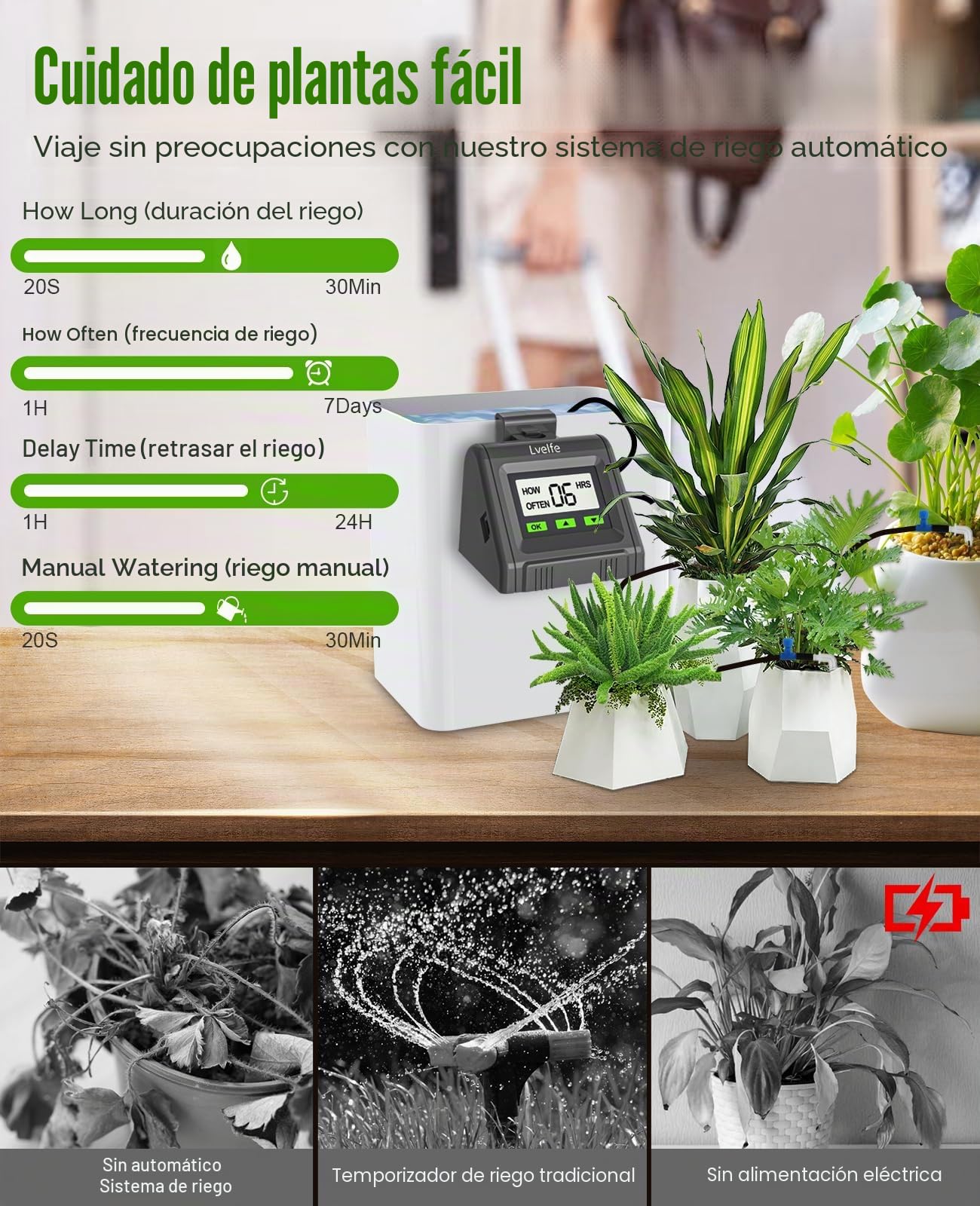 Lvelfe Sistema de riego automático fiable,kit de riego por goteo automático, pantalla LED y alimentación USB,sistema de riego de interior para plantas en maceta