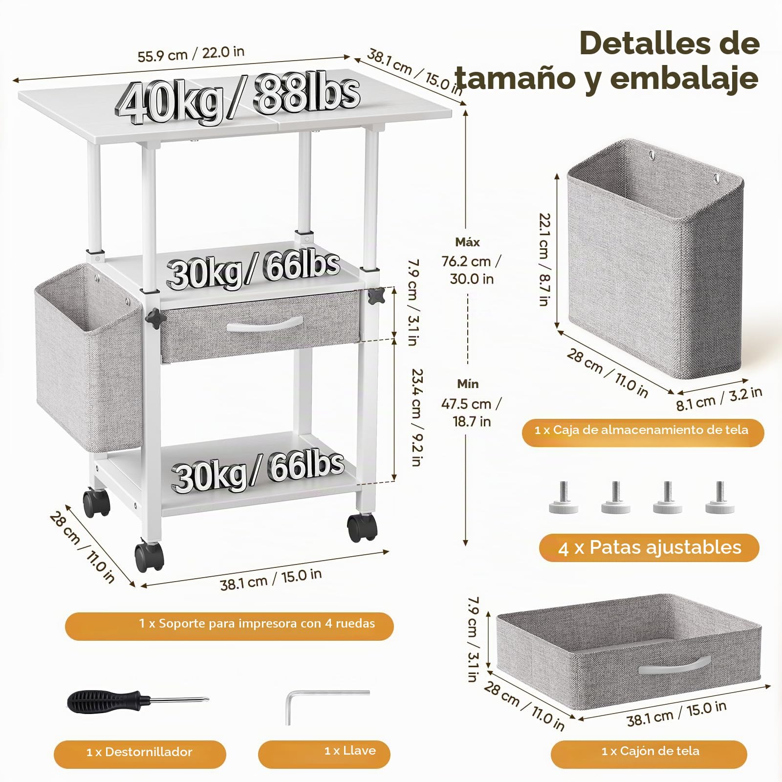 Mesa de impresión con ruedas Soporte de impresora de 3 niveles, mesa de impresora con cajón y bolsillo lateral, carrito grande con ruedas con estante ajustable para oficina y hogar (1)