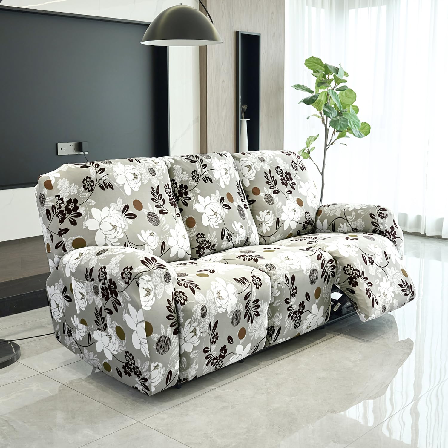 HOKIPO 'Elira Series' 140gsm Stretchable Recliner Sofa Cover 3 Seater, Feather Brown Floral (AR-4942-C1)