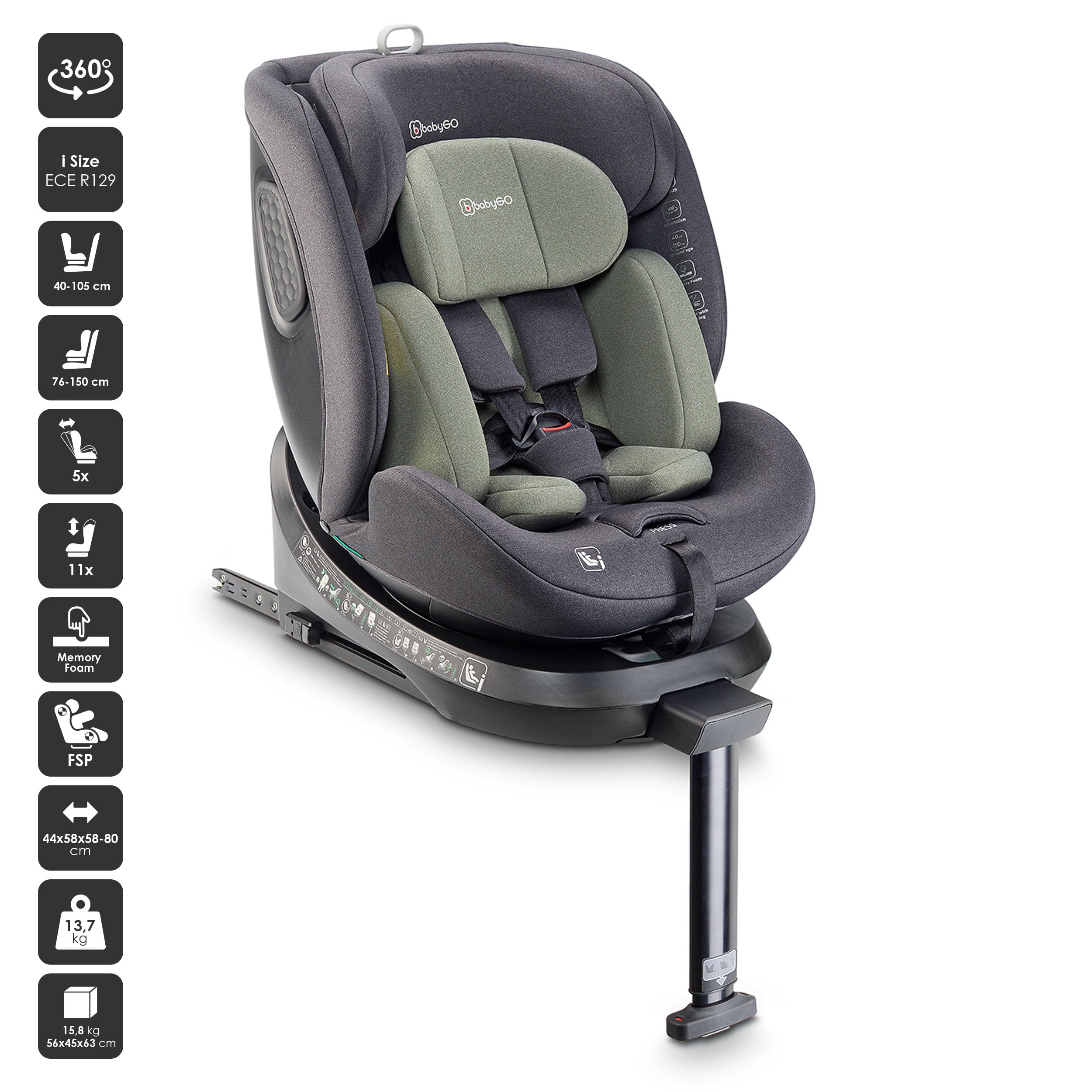 babyGO Move 360 Siège auto selon la nouvelle norme I-Size - Siège auto/siège de voiture pour enfants (40-150 cm) Vert