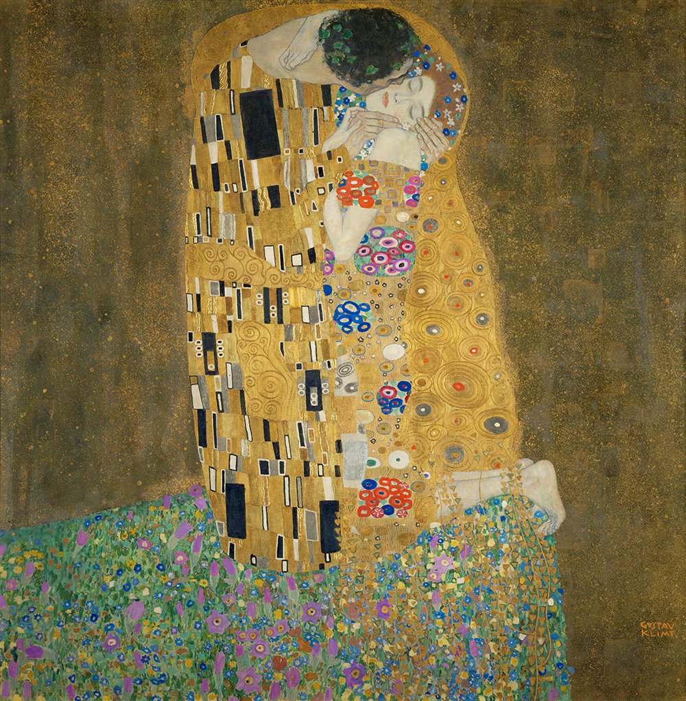 Gustav Klimt The Kiss grand tableau d'art avec cadre marron finition premium