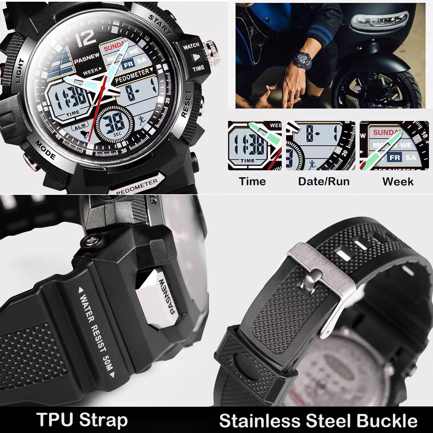 PASNEW Orologio analogico digitale per bambini, contapassi, cronometro, multifunzione, impermeabile fino a 50 m, per adolescenti, ragazzi, ragazze, blu scuro, 489Blu, moderno