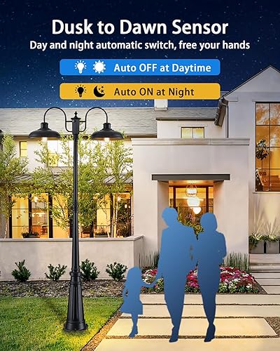 MYHXQ Luz de poste para exteriores, lámpara de exterior del anochecer al amanecer, luces de poste de 2 cabezales de granja, luces de poste negro