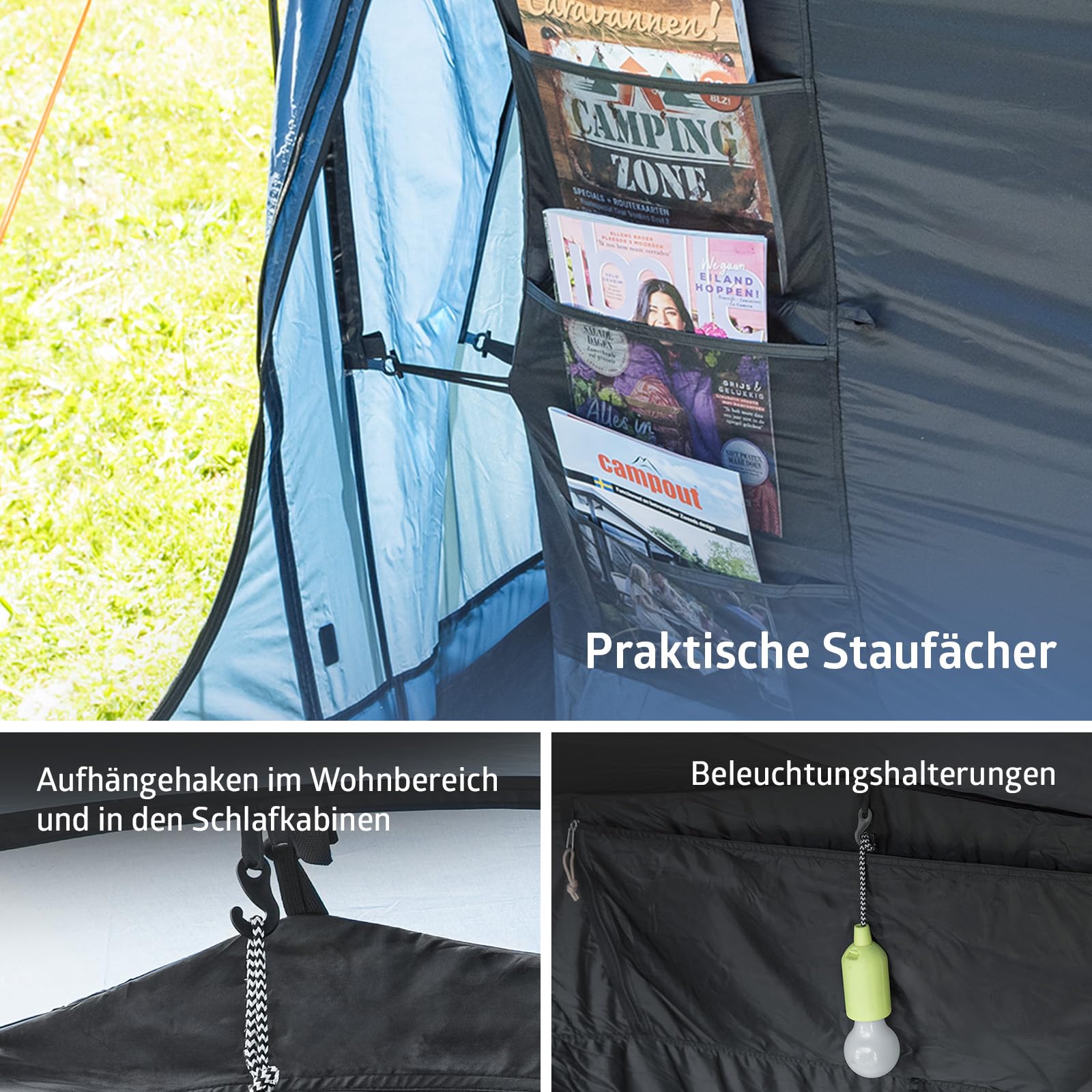 Campout 6-Personen Vis-à-Vis Kuppelzelt – 2 Schlafkabinen – 5000 mm Wassersäule – Wohnbereich – Aufbauzeit 15 Min – inkl. Vordachstangen, Heringen & Tragetasche