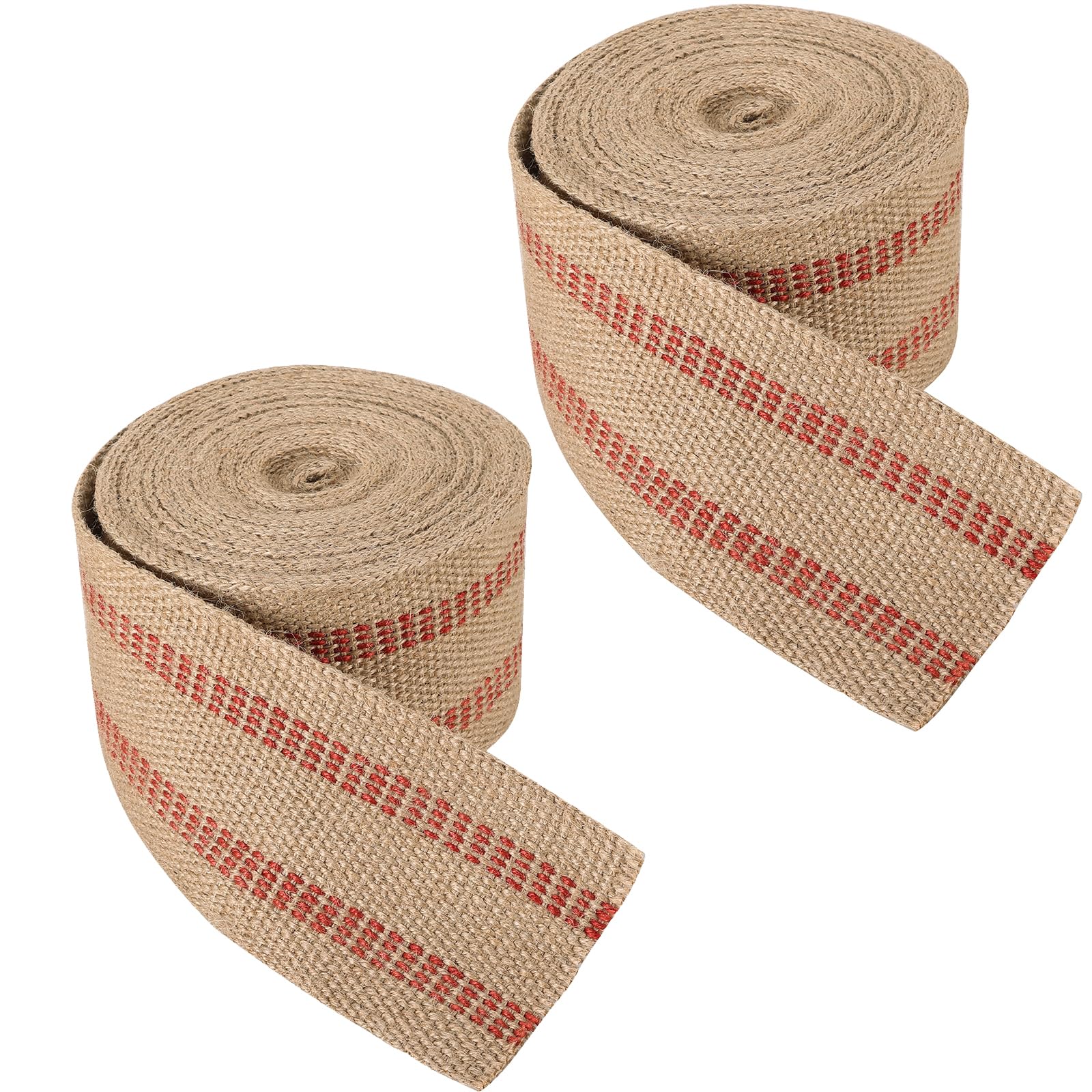 Cinta de yute para manualidades de 3.5 pulgadas, paquete de 2 rollos de arpillera natural de 10 yardas con costuras rojas para tapicería, manualidades, sillas