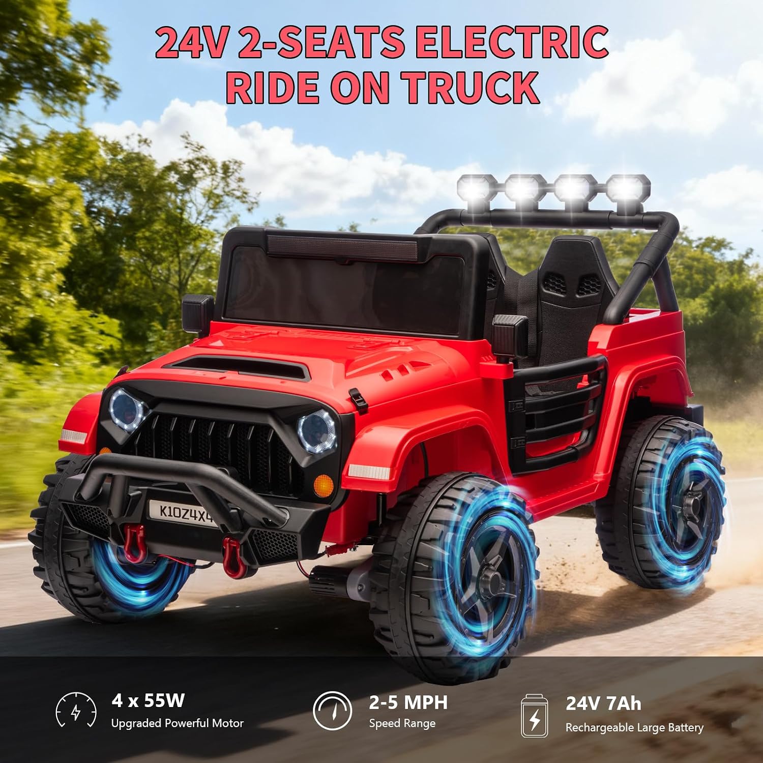 Kids 24V 2-Seater Electric Ride On Car, 4x4 Ride On Truck w/Remote Control, 4-Wheeler Suspension, 3 Speeds, Led Lights, Bluetooth, Ride on Car Toy for Kids Ages 3-8, Red