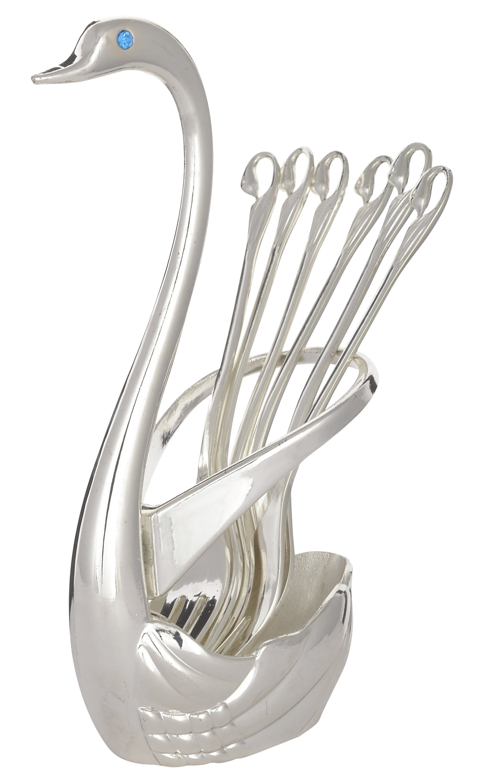 FITTO Silver-Plated Swan Spoon Holder with 6-Piece Stainless Steel Spoon Set - Elegant Tabletop Display for Desserts, Condiments, or Beverages - Ideal for Home Décor and Gifting