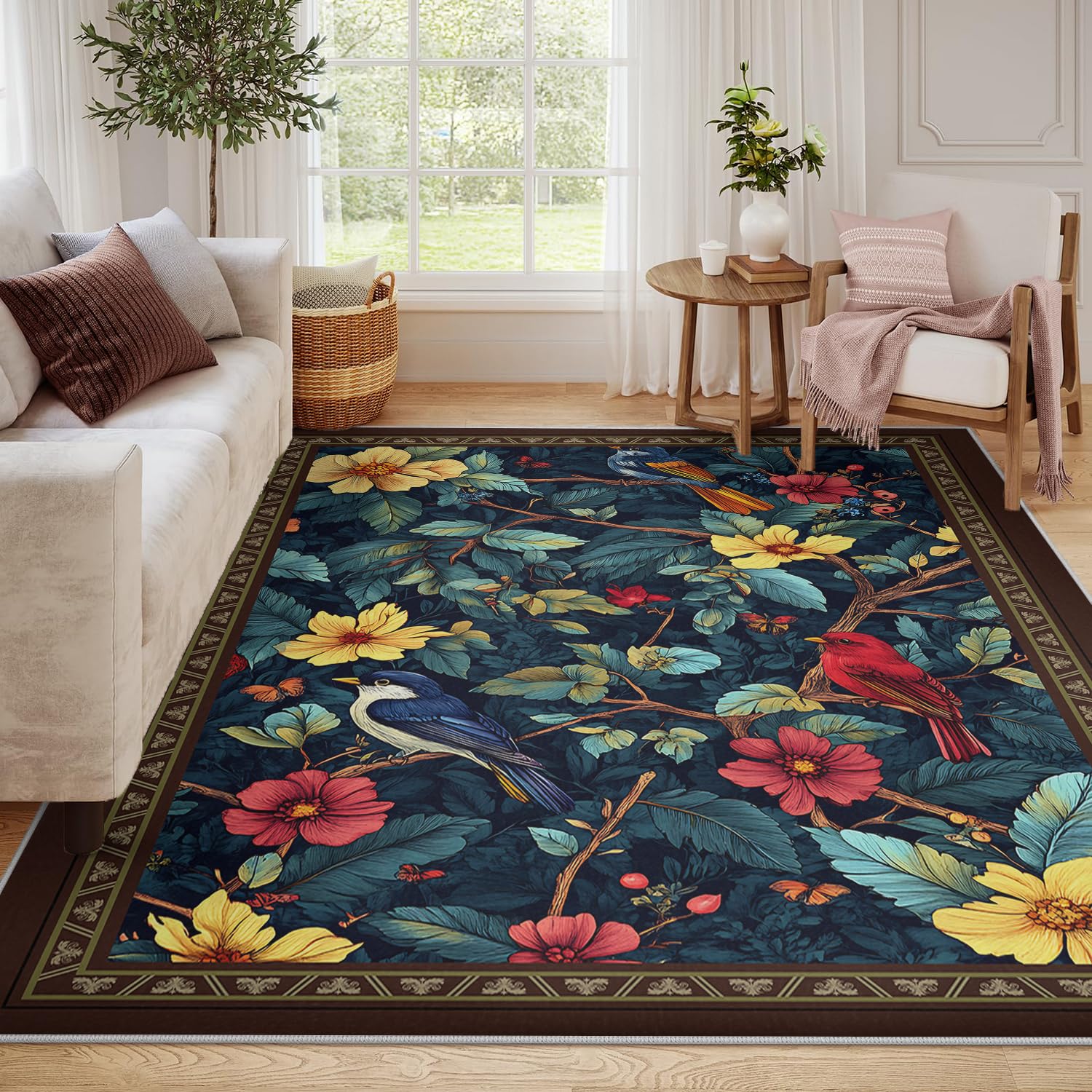 Tapis vintage antidérapant floraux oiseaux à poil bas lavable pour le salon