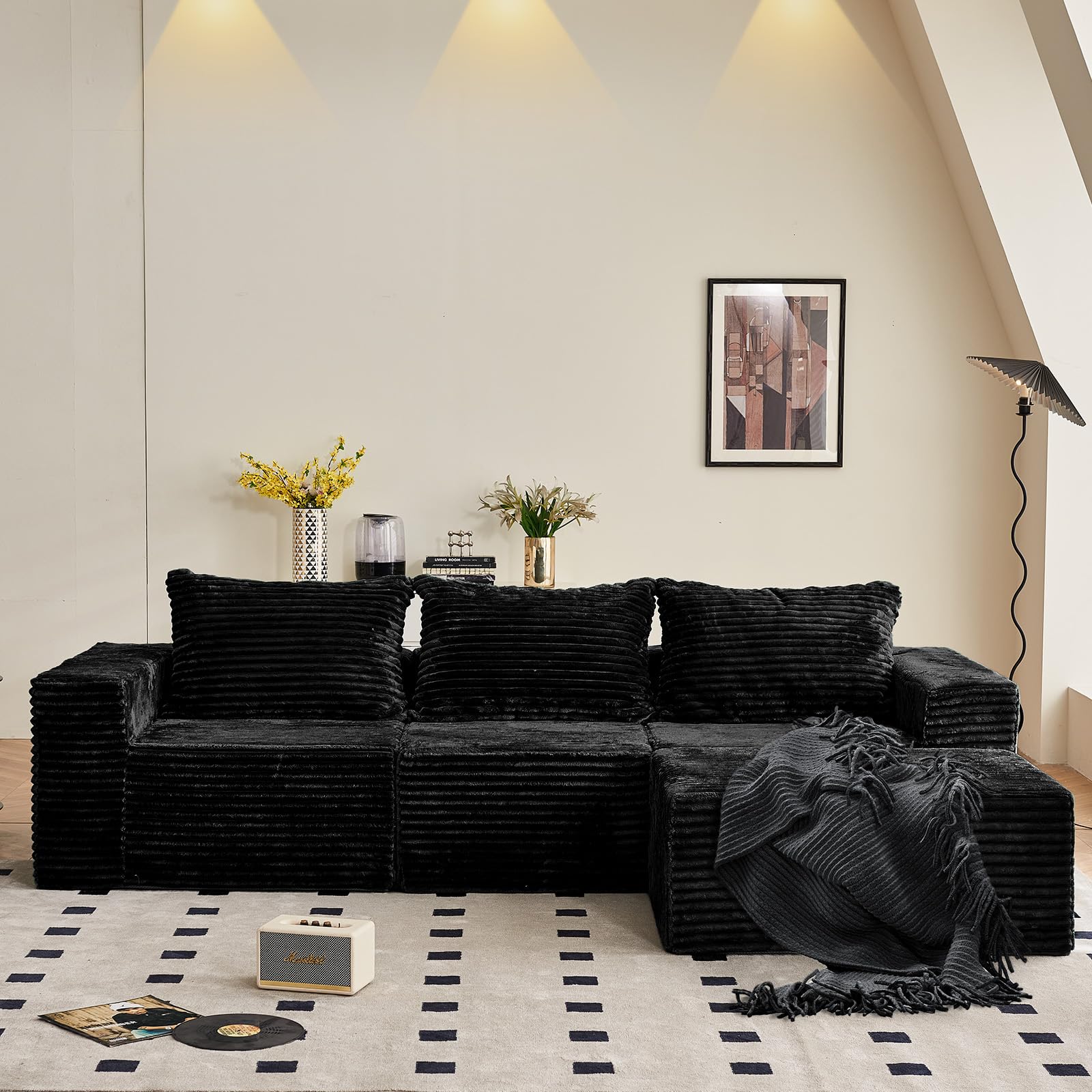Vamcheer Modulares Ecksofa mit Schlaffunktion – L-Form Sofa als Wohnlandschaft, Big Sofa im Cloud Couch und Boneless Couch Design, Sofas & Couches fürs Wohnzimmer, Schwarz