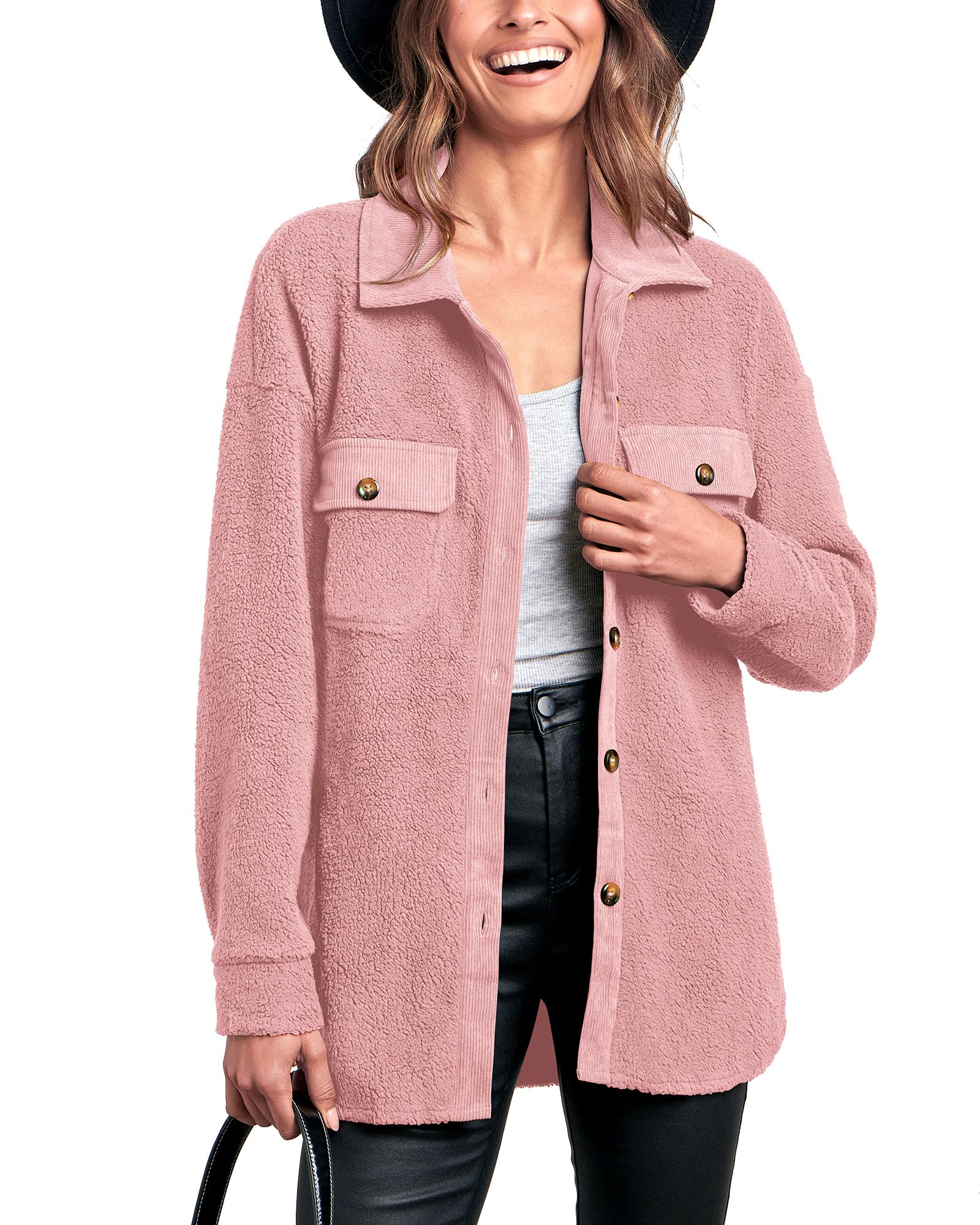 BTFBM Women's 2023 Fall Winter Button Down Shirts Sherpa Jacket Warm Long Sleeve Outerwear Faux Fur Shacket with Pockets