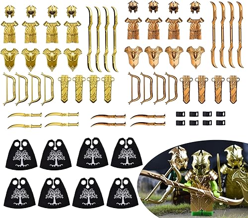 Elf Metalic Gold y oro rosa de lanzas, arcos, espada, timón y armadura para la marca principal de bloques de construcción, minifigura 72 piezas