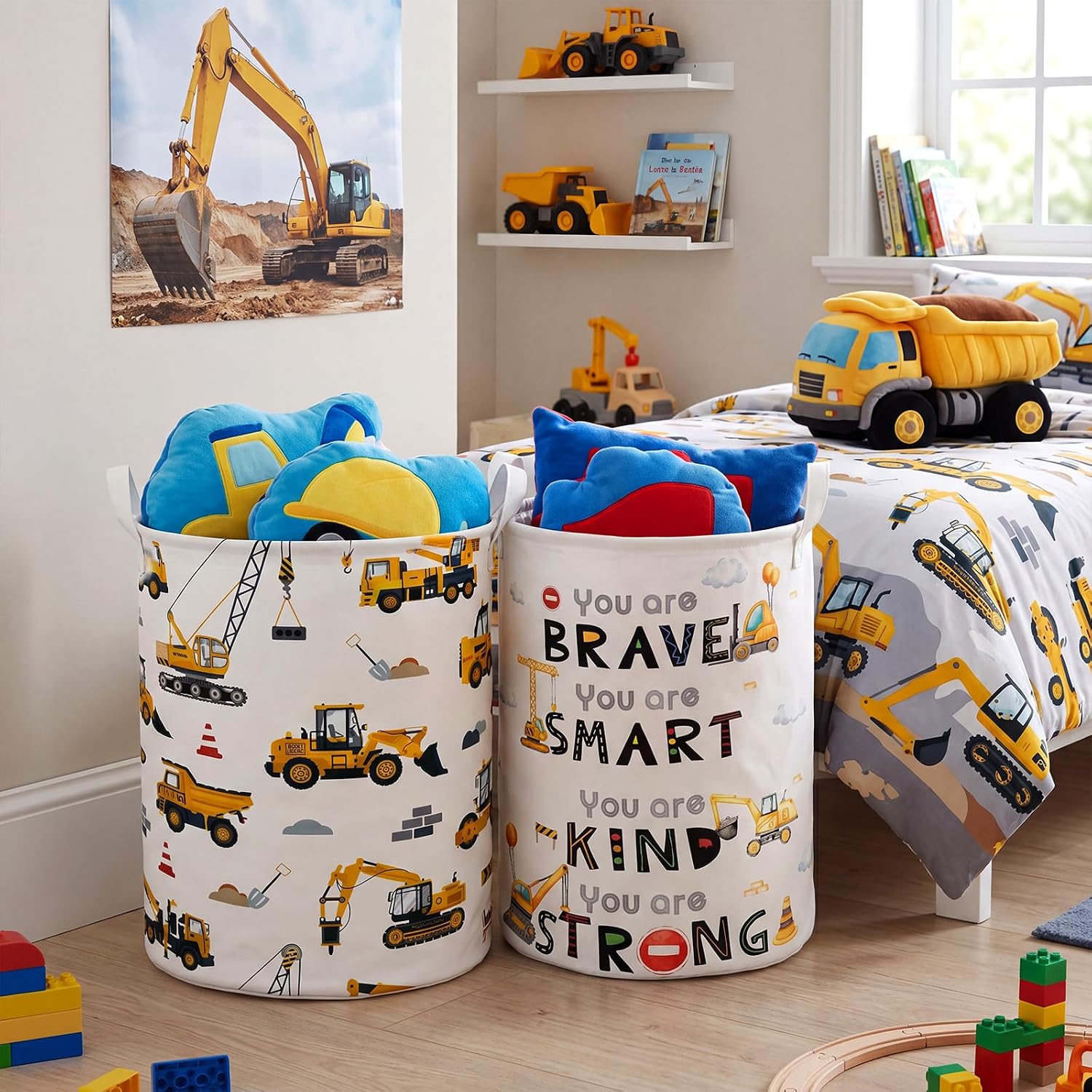 2 Pcs Construction Laundry Hamper Basket Construction Room Decor Large 19.7x14.6 Inch Round Collapsible Excavator Truck Toy Clothes Storage Organizer for Bedroom Decor Playroom image 2