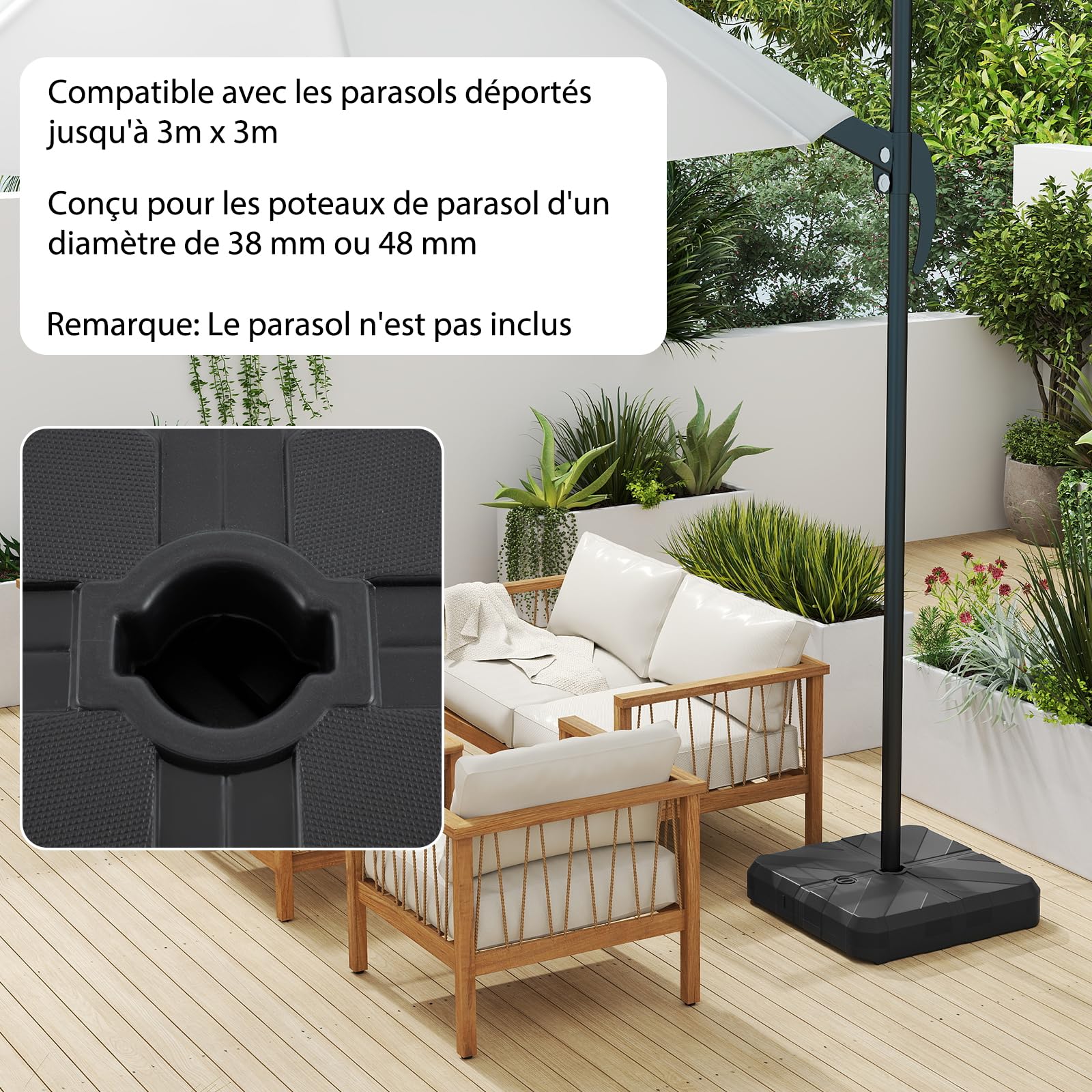 RELAX4LIFE Pied de Parasol Déporté Remplissable 60kg