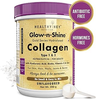 HealthyHey Skin Glow-n-Shine® Collagen Powder 200g | Hydrolysed Collagen for Women and Men with Hyaluronic Acid, Biotin and Vitamin C for Healthy Skin, Hair and Nails - (Unflavoured, 200gm)