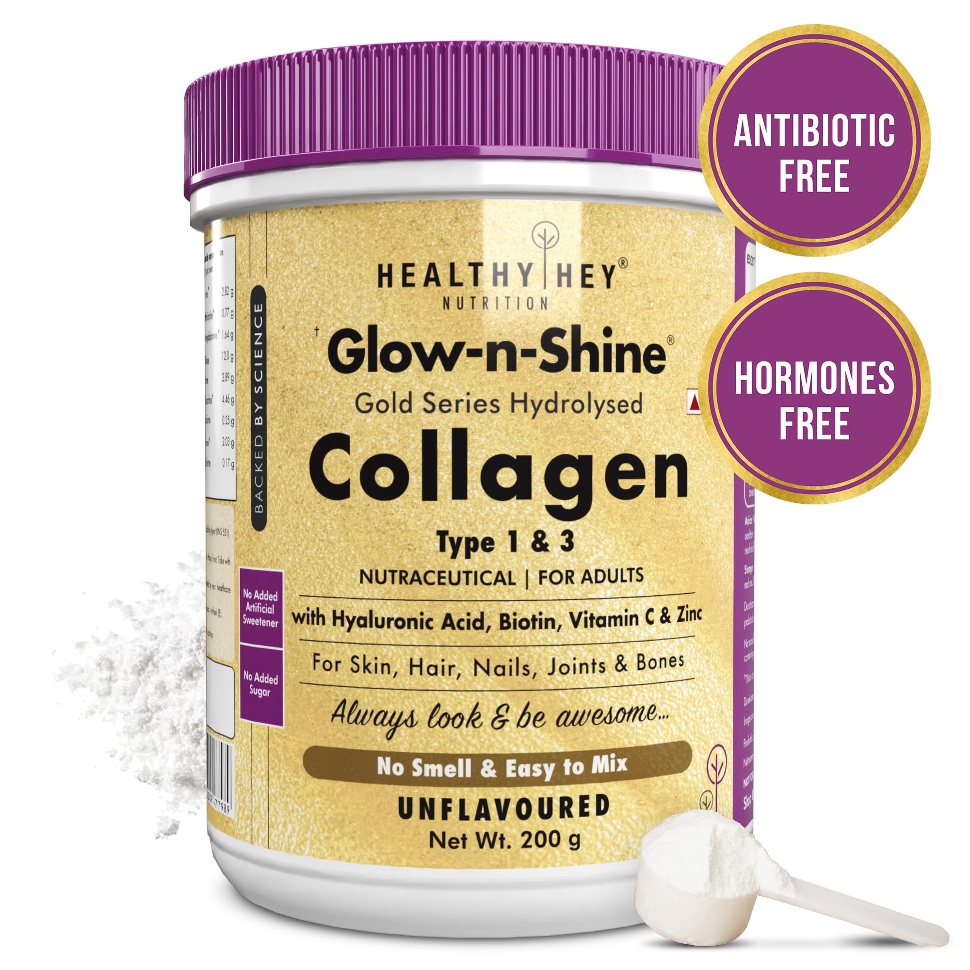 HealthyHey Skin Glow-n-Shine® Collagen Powder 200g | Hydrolysed Collagen for Women and Men with Hyaluronic Acid, Biotin and Vitamin C for Healthy Skin, Hair and Nails - (Unflavoured, 200gm)