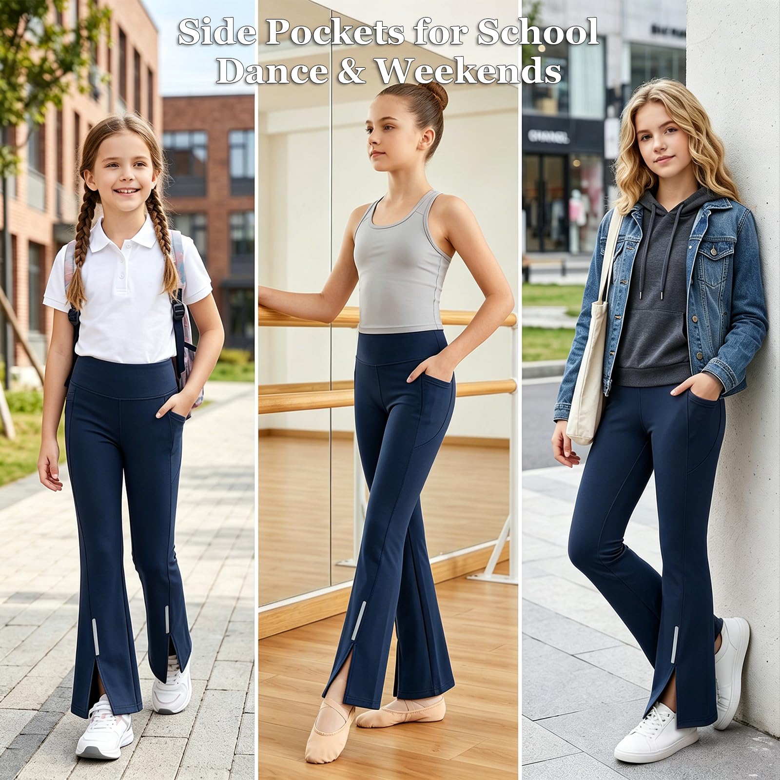 Mädchen Sportleggings mit UPF 50 Sonnenschutz Schlaghose mit Reflektierende Streifen und Taschen Flared Sporthose Atmungsaktiv Tanz Training Leggings Leicht Hosen für 7-15 Jahre