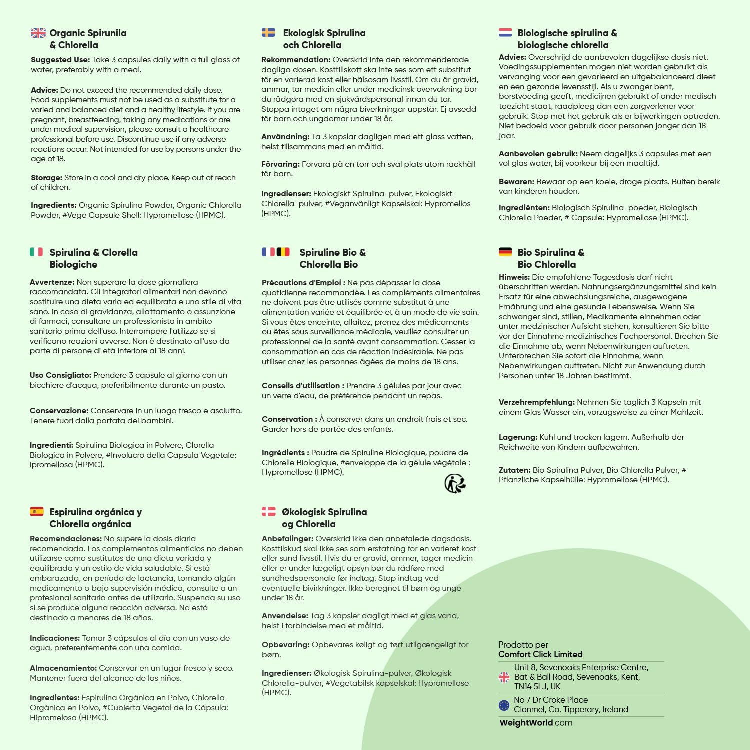Spirulina e Clorella Biologiche Certificate, 240 Capsule Vegane, Alga Spirulina Bio, Clorella Bio Superfood, Dose da 1740mg per Capsula, Integratore Privo di Glutine e Senza OGM, Prodotto in Europa