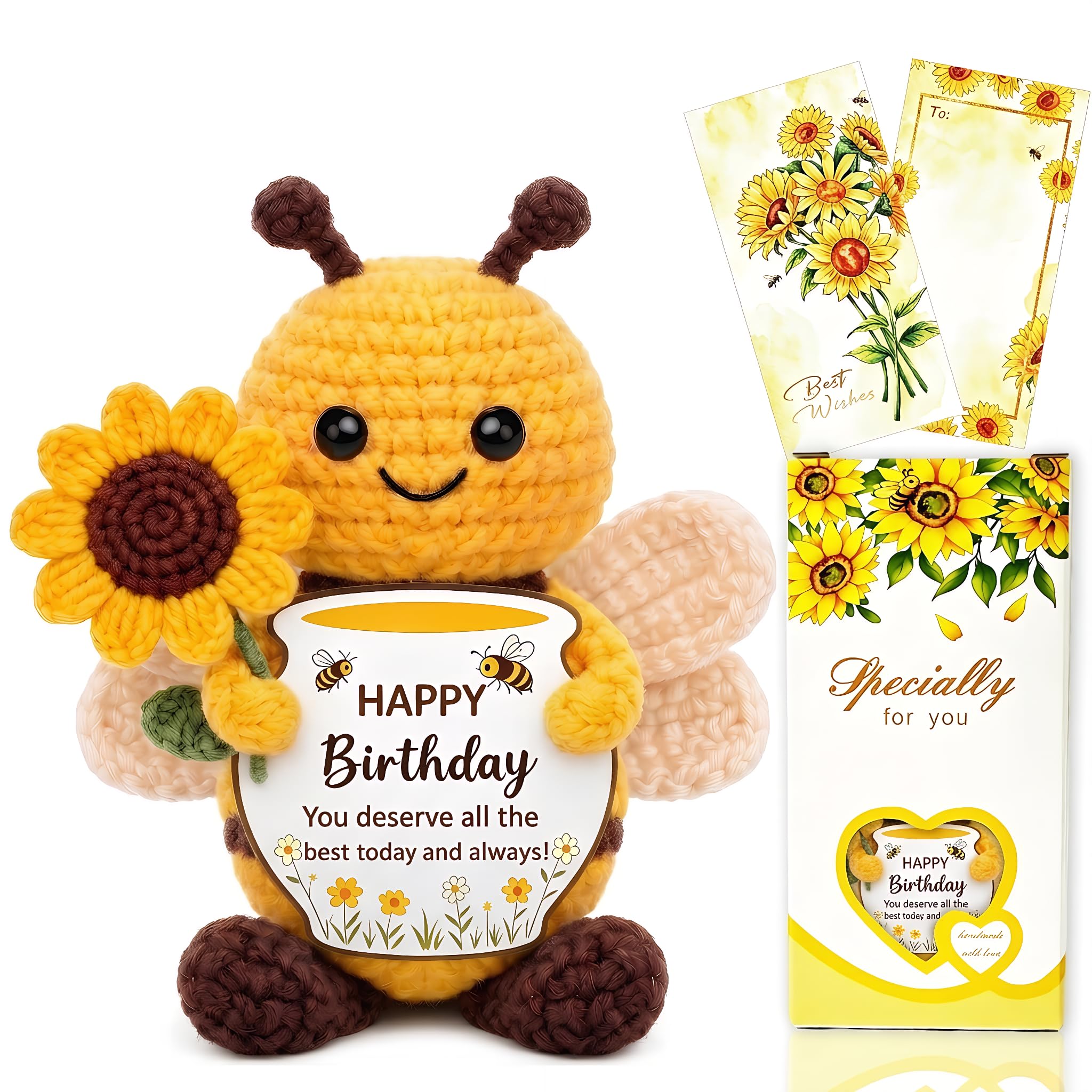 Birthday Gifts for Women,Inspirational Mini Crochet Bee Happy Birthday gift for Women,Man,Mom, Sister, Best Friend, Coworker,nique Gift Ideas for Her, Him With Card