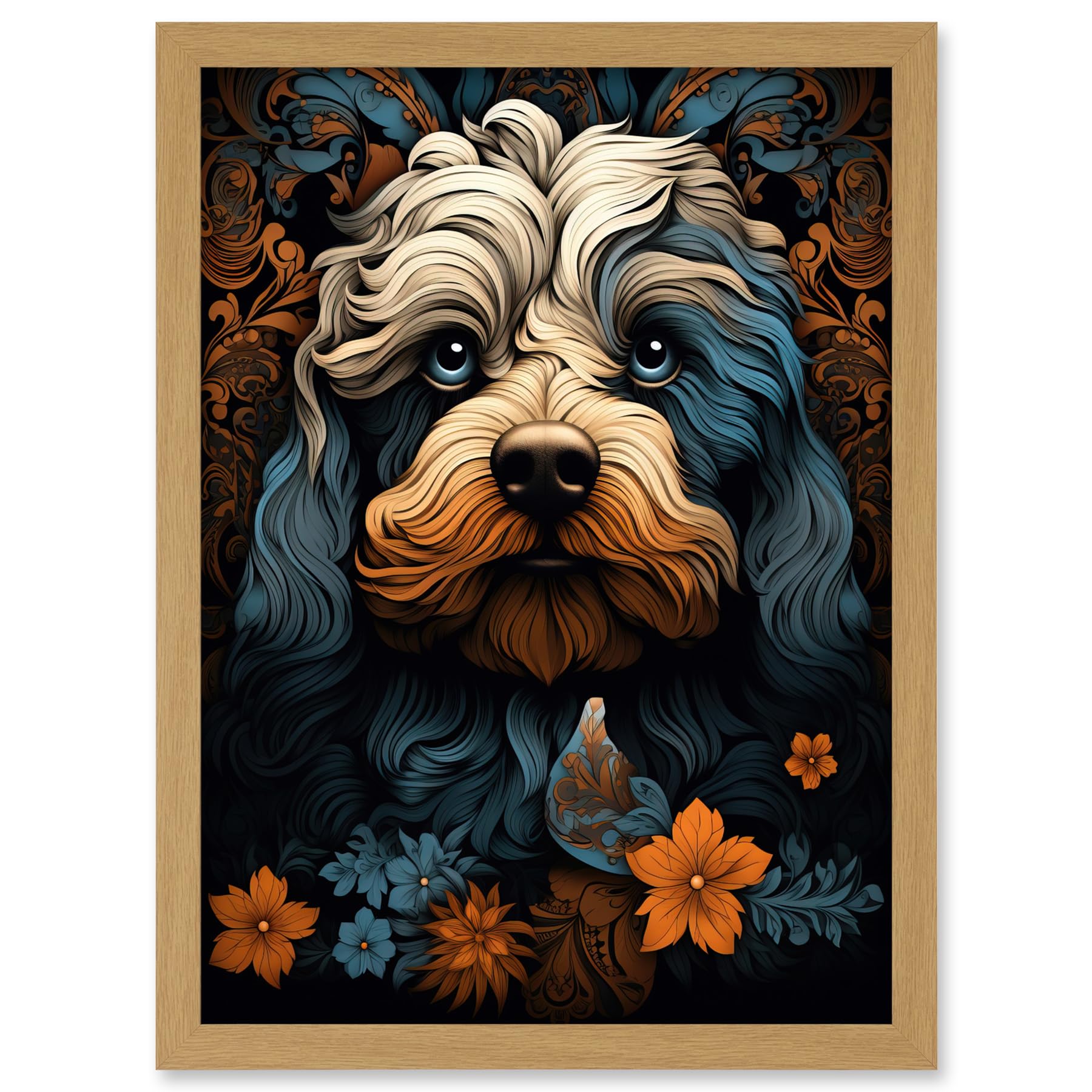 Artery8 Cockapoo Dog with Flower Patterns Art Nouveau Artwork Orange Blue Floral Portrait Design Artwork Framed A3 Wall Art Print