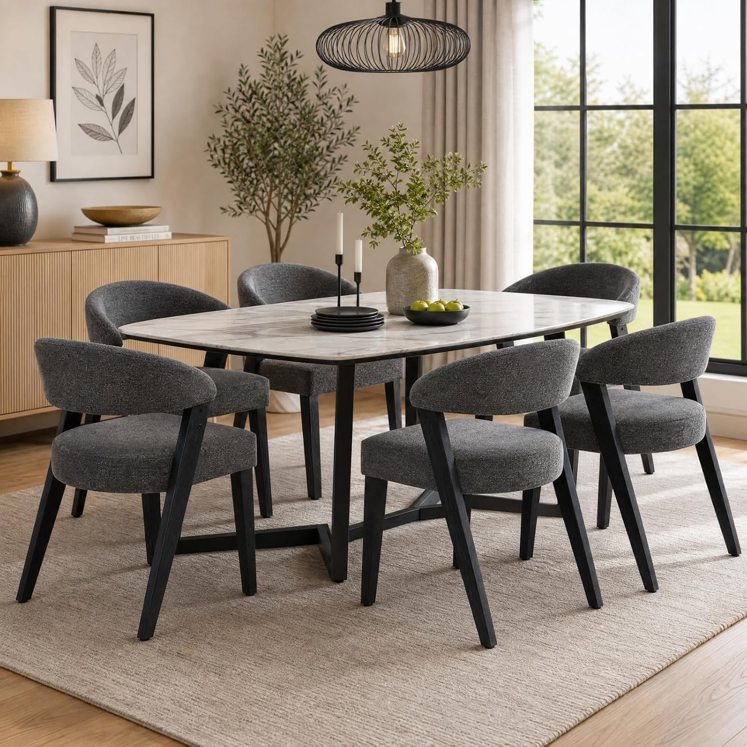 CIMOTA Mid Century Modern Dining Chairs with Arms Set of 6, Upholstered Kitchen & Dining Room Chairs, Barrel Backs/Black Solid Wood Legs, Comfortable Accent Chairs for Living Room, Chenille