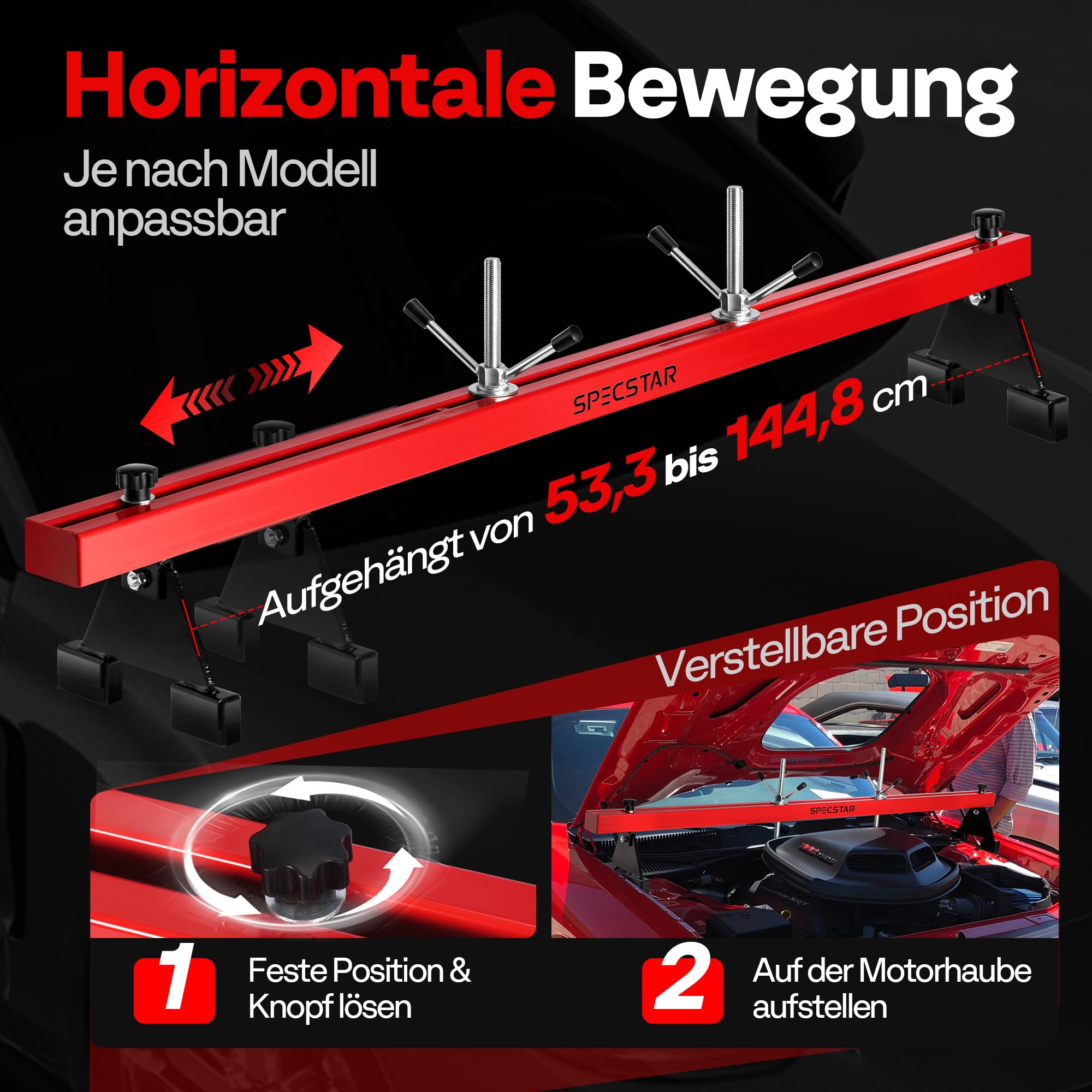 SPECSTAR 500kg Motorbrücke Motorheber Traverse für Motor Getriebearbeiten | 53,3–144,8cm Verstellbar, Doppelpunkt-Hebung mit Doppelhaken, 360° Drehung mit 2-Punkt-Halterung und Doppelhaken