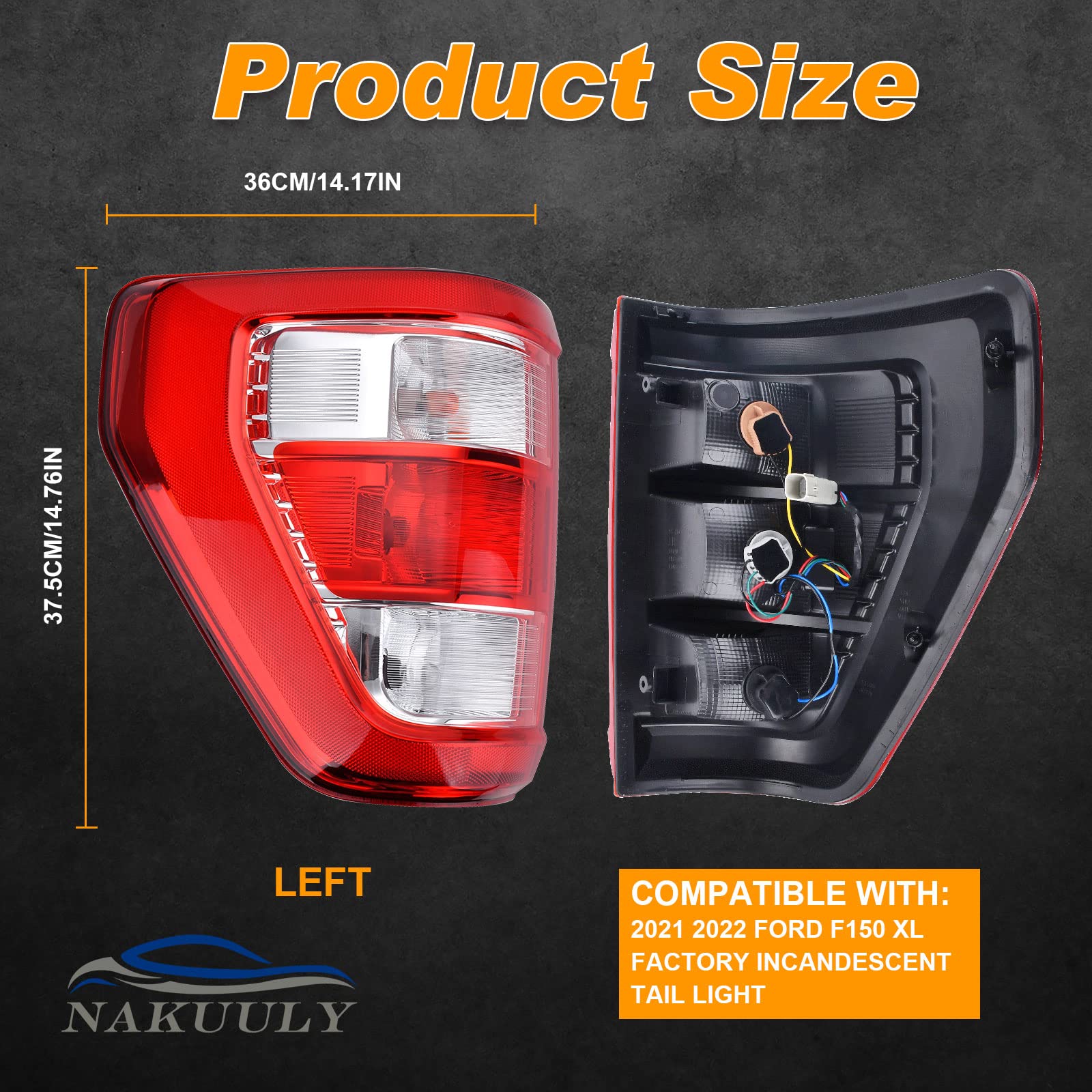 Nakuuly Tail Light Assembly Compatible With 2021 2022 2023 2024 Ford F150 F-150 XL Left Driver Side Taillight Brake Lamps with Bulb and Harness Replace ML3Z-13405-E