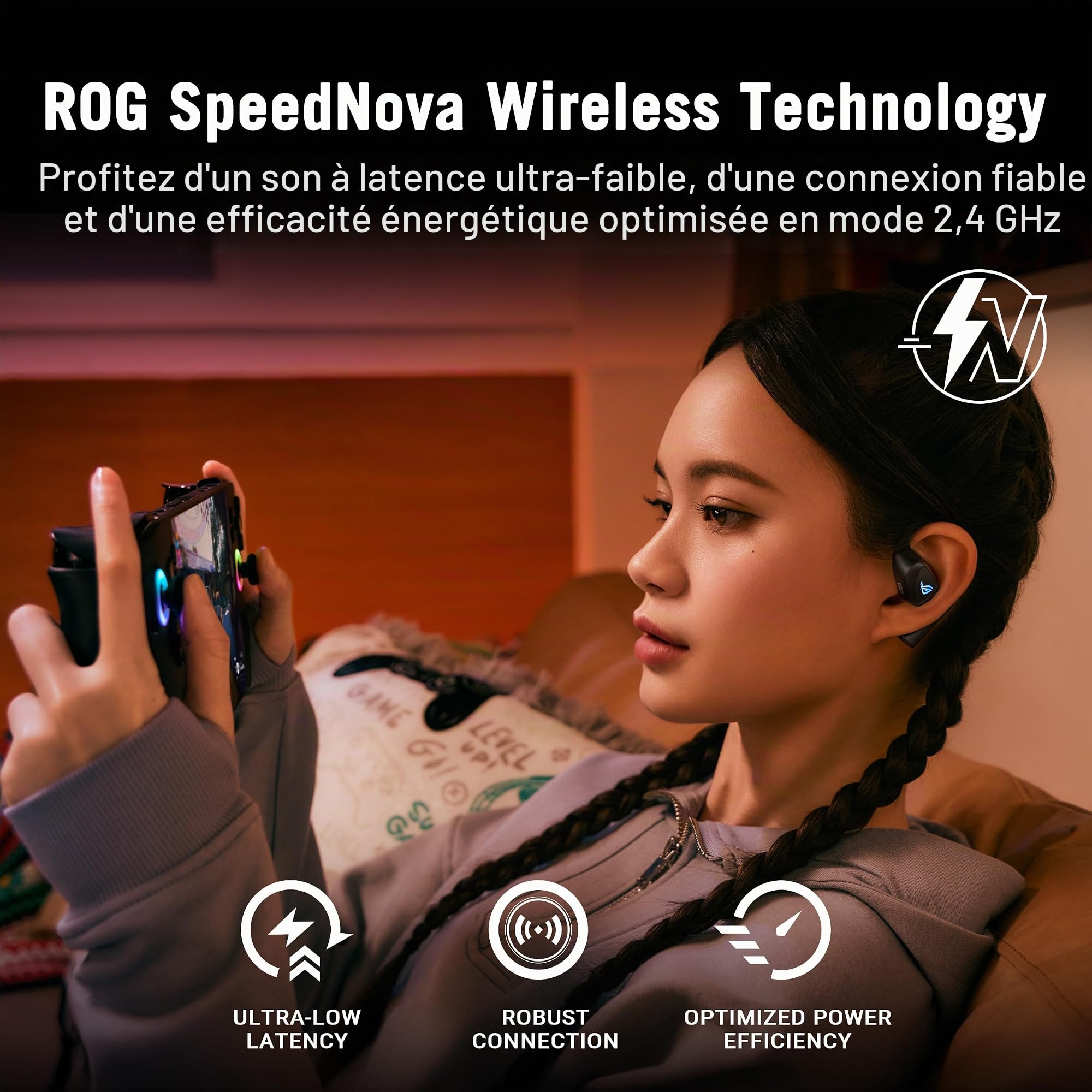 ASUS - ROG Cetra Open Wireless - Écouteurs Gaming sans-Fil, Haut-parleurs avec revêtement DLC, Modes Audio personnalisés, Quatre micros à réduction de Bruit par IA, 16 Heures d'autonomie,