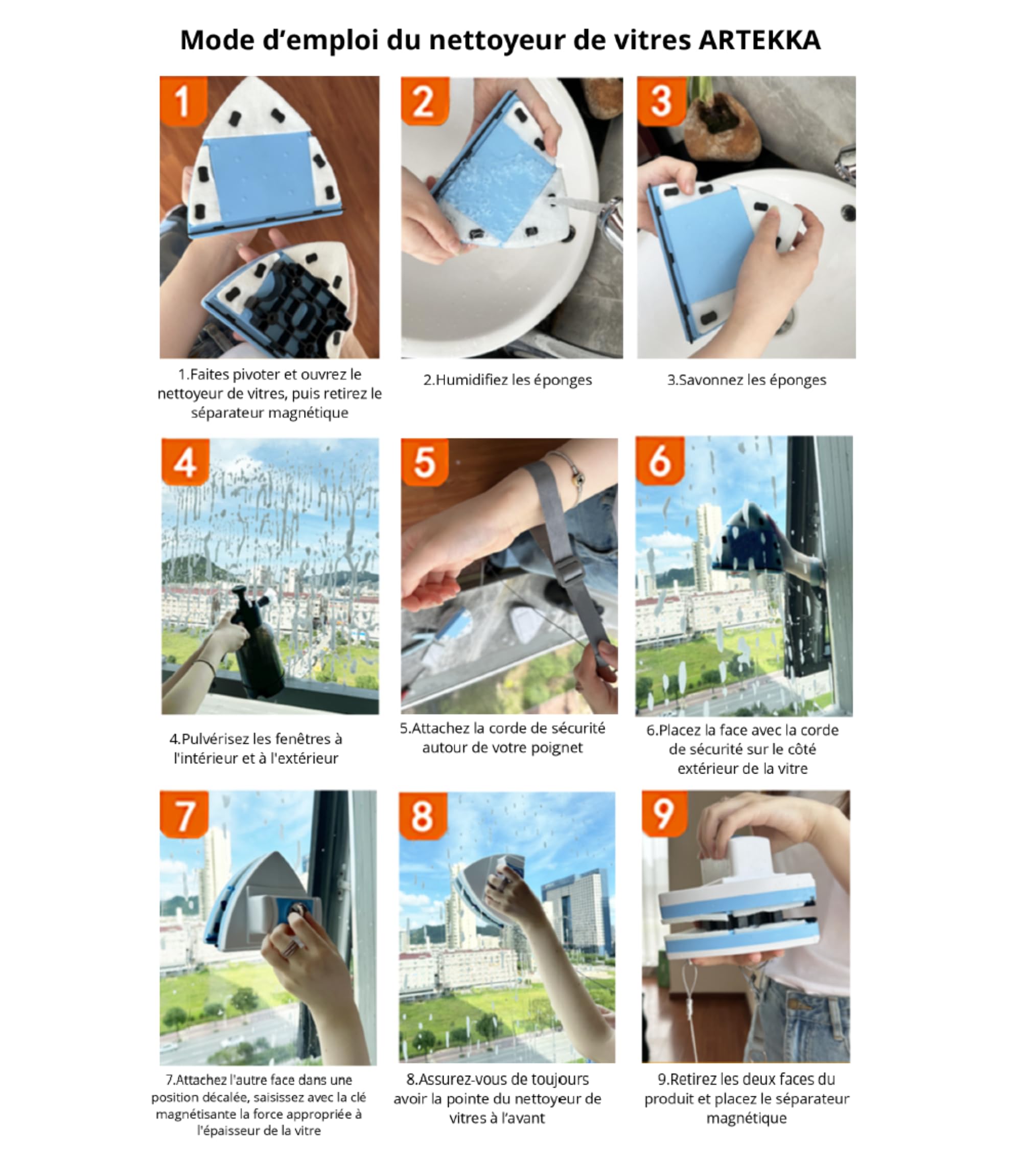 Lave Vitre Magnétique Double Vitrage 3-30 mm Brosse à Rainures Nettoyage Intérieur Extérieur Vitres Inaccessibles Kit Complet avec Recharges et Câble de Sécurité (1, Blanc Bleu et Gris)