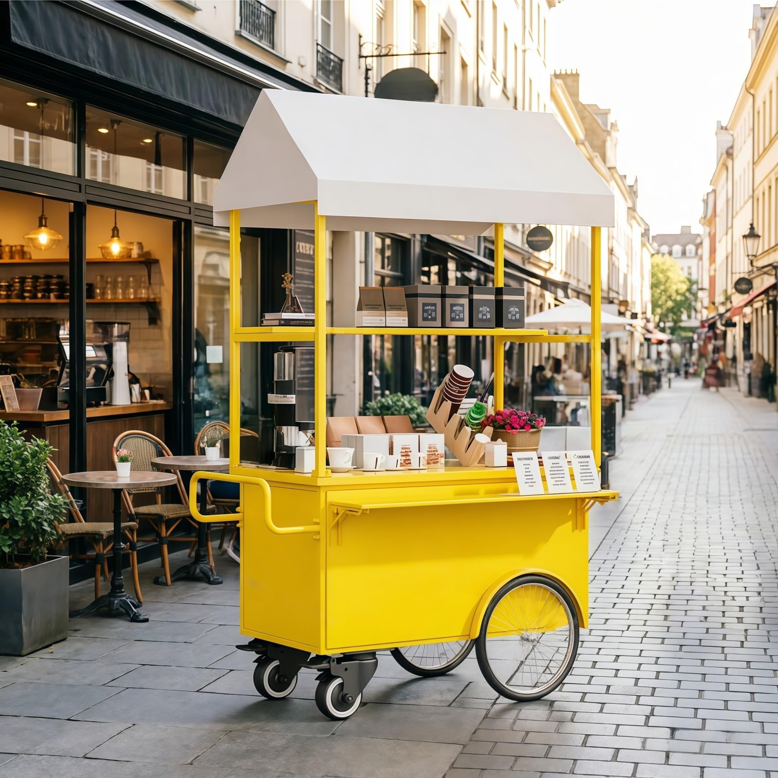 Blumen Verkaufswagen mit Lenkrollen, Mobiler Imbisswagen Tragbar for Marktstände, Außenverkauf und Pop-up Veranstaltungen(Yellow,55.1in/140cm)