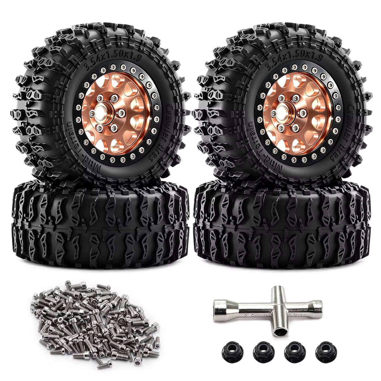 Pneumatici Ruote Beadlock Per Axial Per SCX10 Per Wraith D90 1/10 Accessori | Kit Pneumatici Fango Crawler con Battistrada Auto Pulente Cerchi Metallo Durevoli per Sentieri Umidi(Bronze)