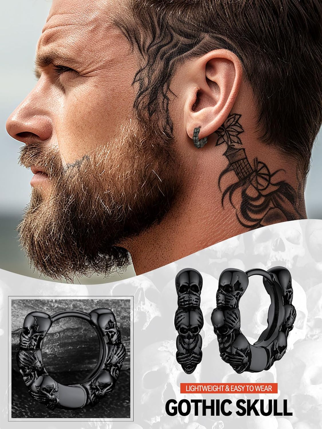 FaithHeart Skull Hoop Earrings for Men Silver/Black/Gold Stainless Steel Gothic Huggie Hoops Earring Lightweight Hypoallergenic Punk Cool Rapper Hip-hop Ear Jewelry Gifts - Image 2