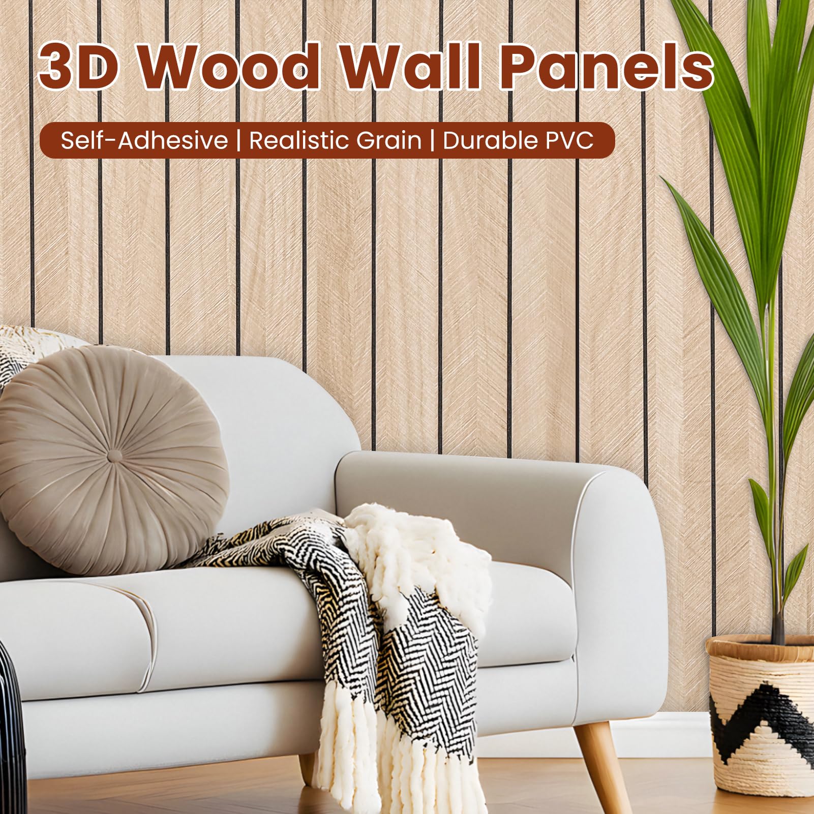 Panel de pared de listones gruesos autoadhesivo 3D de grano de madera | Adhesivo de papel tapiz insonorizado resistente a la humedad para pared y techo (299,7 x 40 cm)
