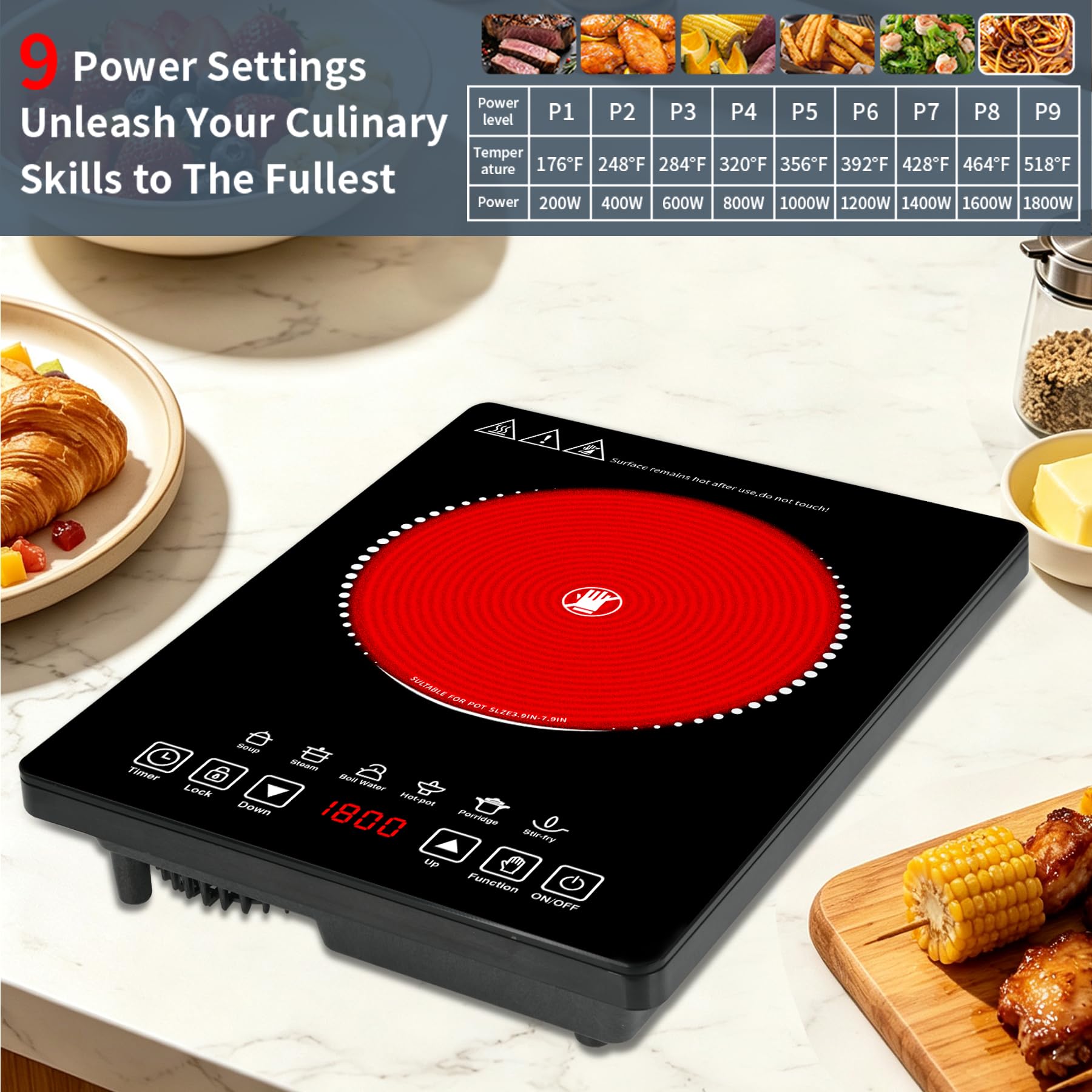 Wesonorous Single Burner Electric Cooktop,110V 1800W Electric Stove Top with LED Touch Control,9 Power Levels, 3 hTimer, Safety Lock,single burner cooktop Overheat protection view 6