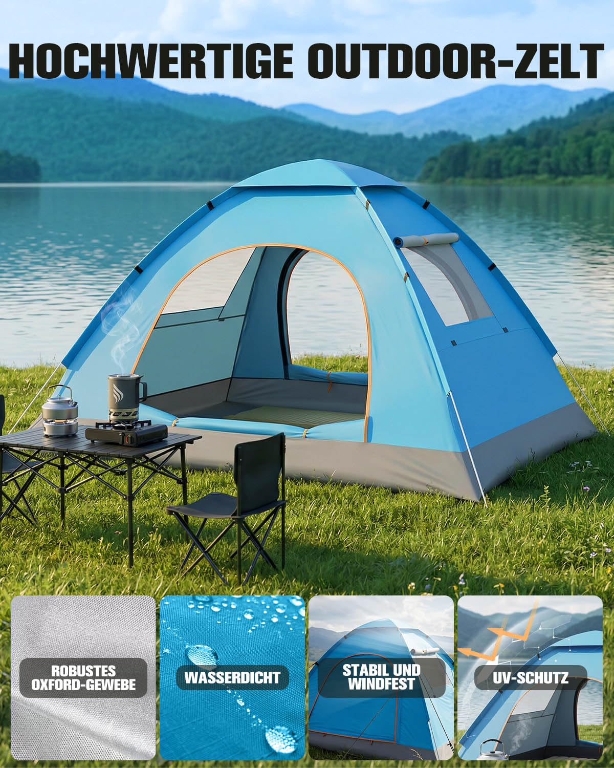 Tente de camping pop-up automatique pour 3 à 4 personnes, étanche, 2 personnes