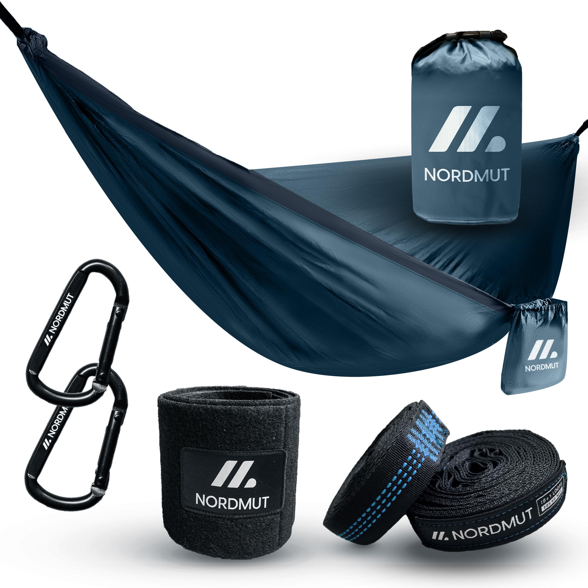 NORDMUT® Hamac Ultra Léger Outdoor [avec Kit de Fixation] – Hamac de Camping avec Kit de Protection des Arbres pour Camping, Outdoor et Jardin – Charge Max 225 kg (Bleu, 140 x 275 cm)