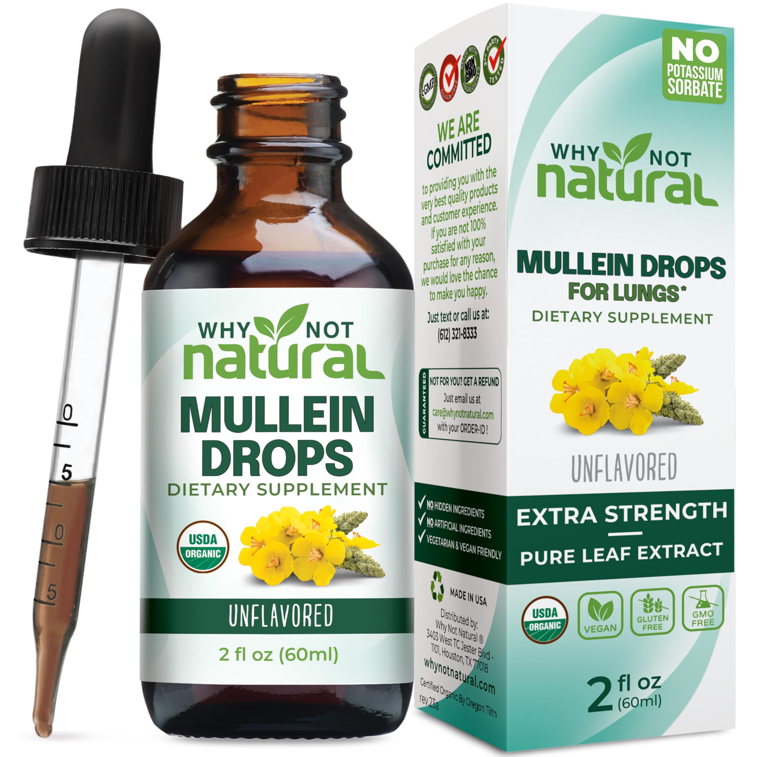 Why Not Natural Organic Mullein Drops for Lungs, USDA Organic, Vegan & GMO-Free, 2 fl oz, Unflavored