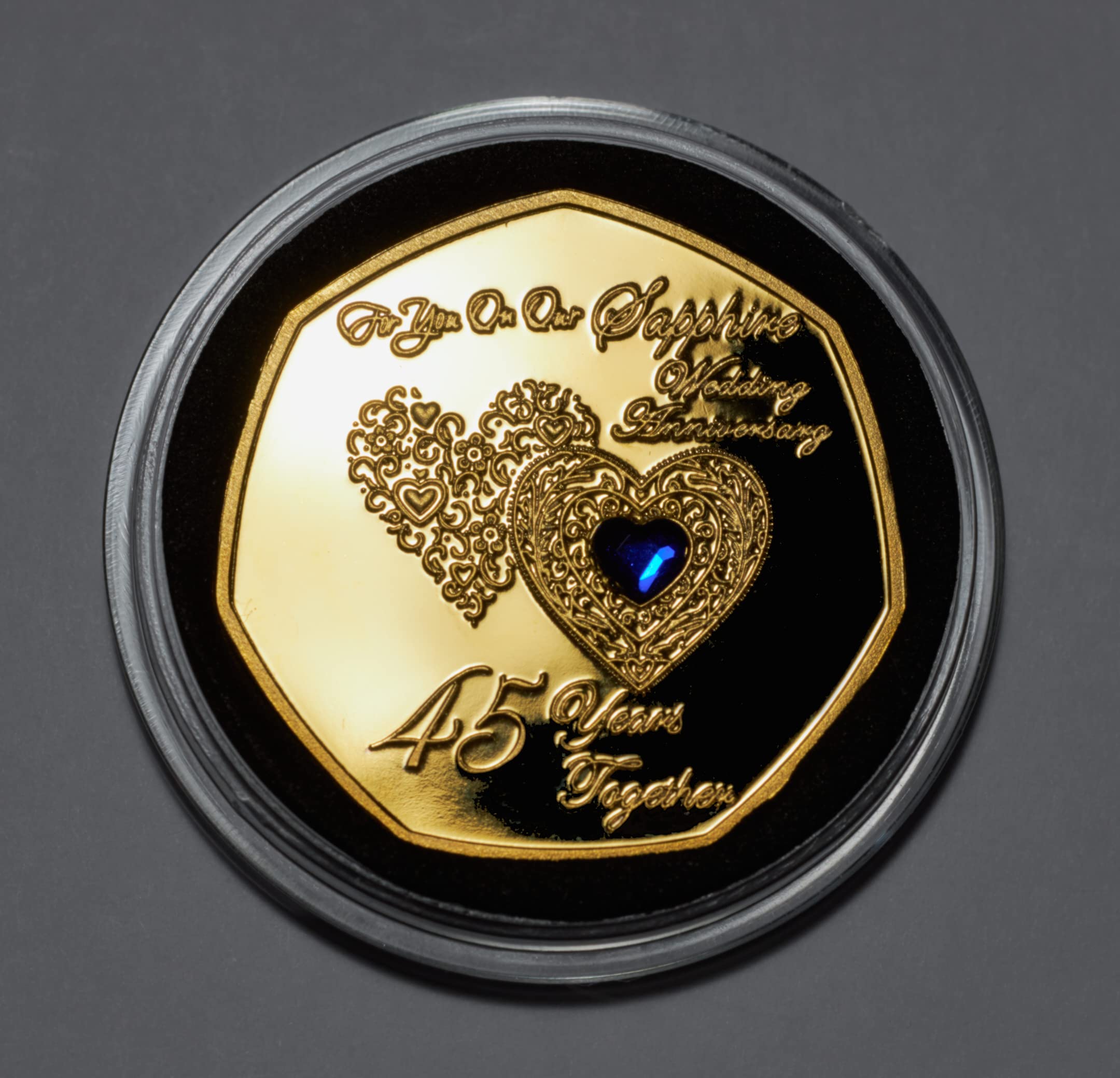 The Commemorative Coin Company For You On Our 45th Sapphire Wedding Anniversary 24ct Gold Commemorative in Capsule. Inlaid Diamante Gemstone. Husband/Wife 45 Years Partner/Gift/Present/Token