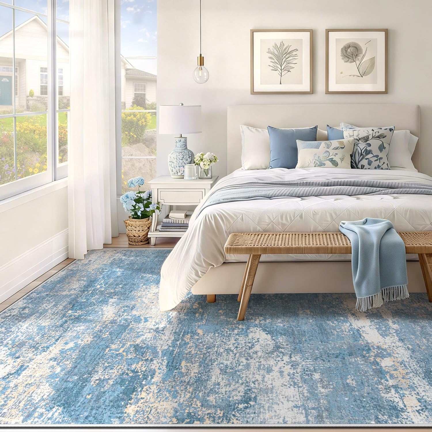 6x9 Area Rugs for Living Room: Washable Modern Abstract Blue Rug Large Non Slip Soft Rugs Low Pile Indoor Carpet for Bedroom, Dining Room, Nursery, Office (Blue, 6'x9')