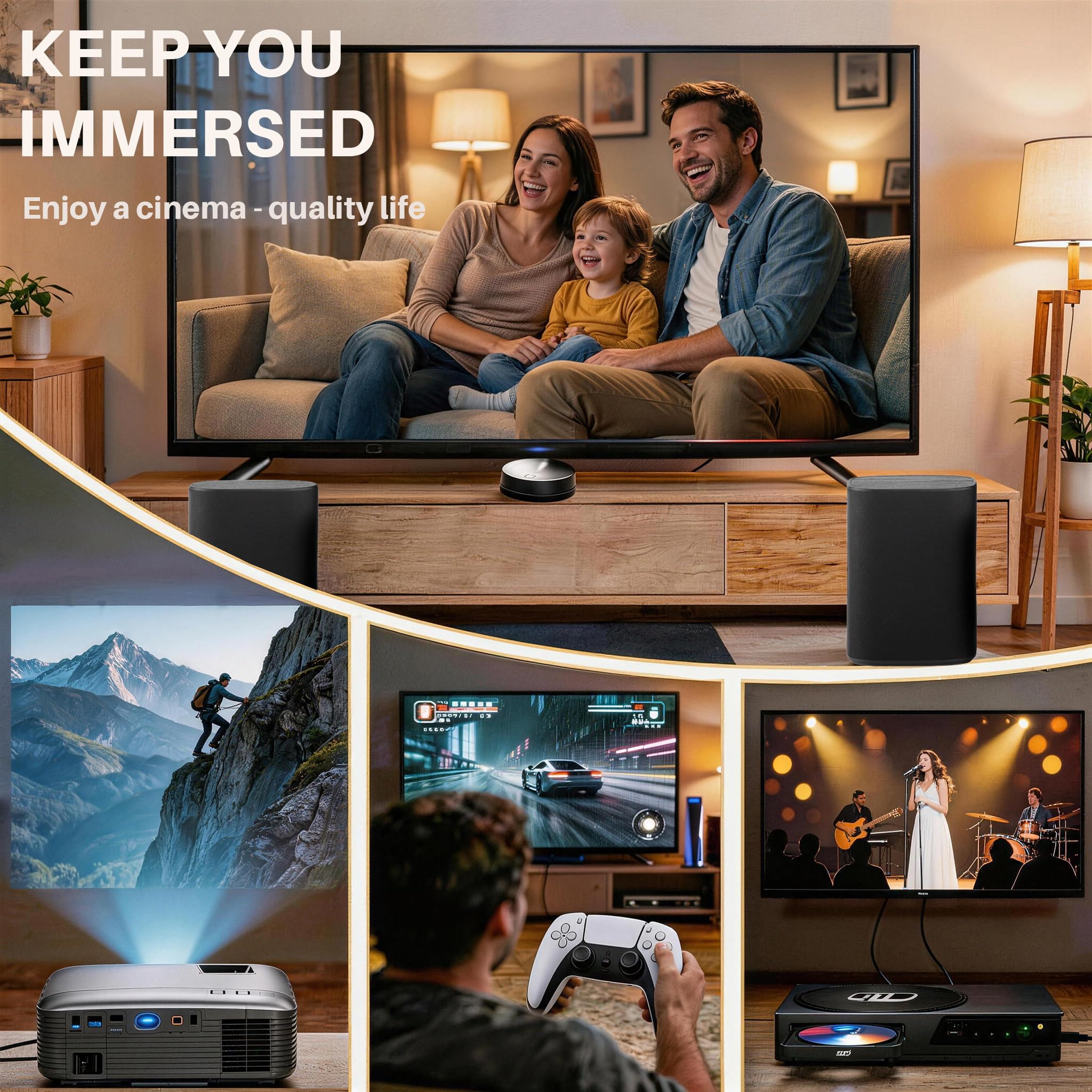 Milan Système audio 5.1 sans fil – Système audio home cinéma avec WiSA Low Latency, son surround pour TV, petit salon et appartement, compact, noir