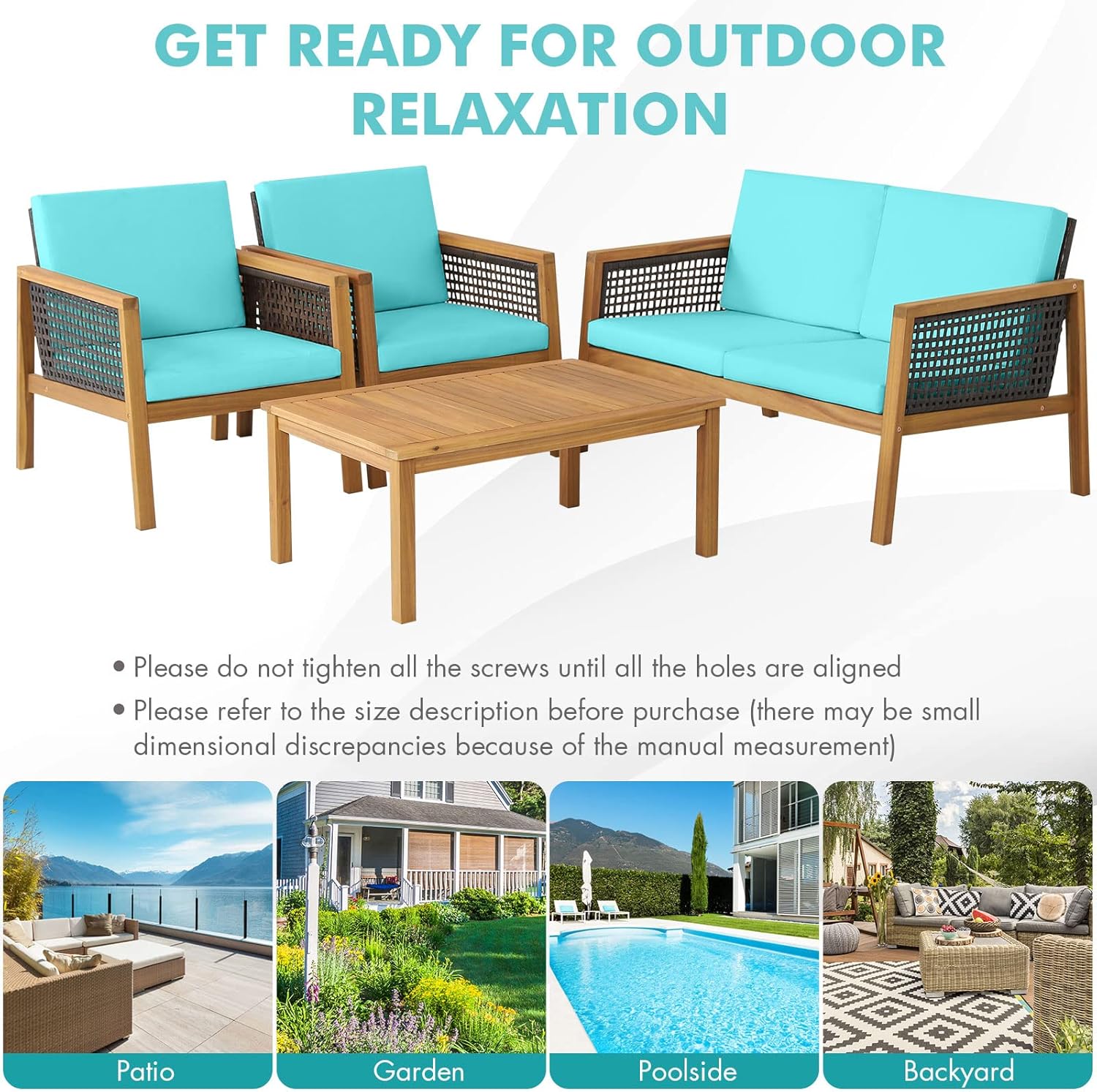 HAPPYGRILL 4 Pieces Patio Conversation Set Acacia Wood Furniture Set with Coffee Table, PE Rattan Wicker Sofa Set with Soft Cushions for Outdoor Garden Deck Poolside
