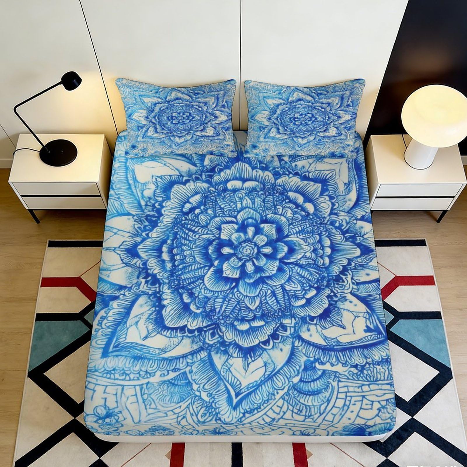 Pnayamiorkfel Style-10 3D Printed Blue Floral Mandala Fitted Sheet Microfiber Soft Bedroom Decor Bed Cover Anti-Slip Machine Washable 90X200x25cm