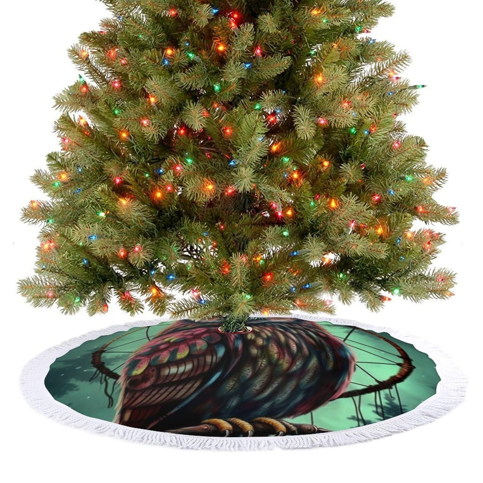Owl Christmas Tree Skirt 48"x48" Rustic Xmas Tree Mat with Tassel Ornament Christmas Trees Cover Skirt Mat for Evergreen Trees Ornament Winter Holiday Mats Decorations