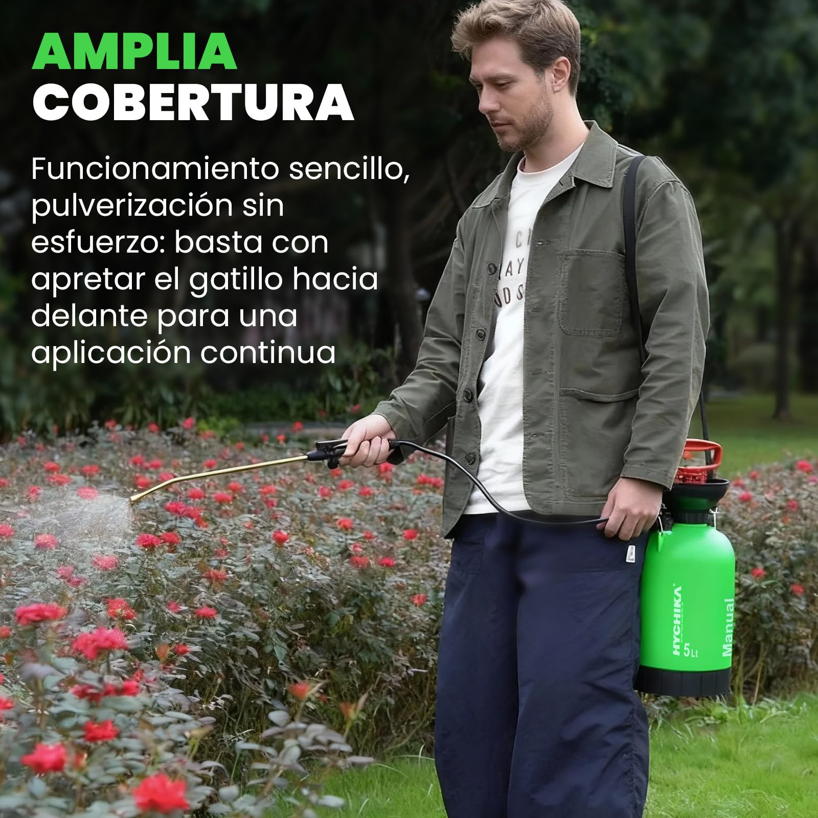 HYCHIKA Pulverizador a Presión 5L, Sulfatadora Manual 5 litros, Mochila Fumigadora Pulverizador Plantas, Lanza de Acero Inoxidable, Boquillas Regulables, para Riego de Plantas y Cuidado del Jardín