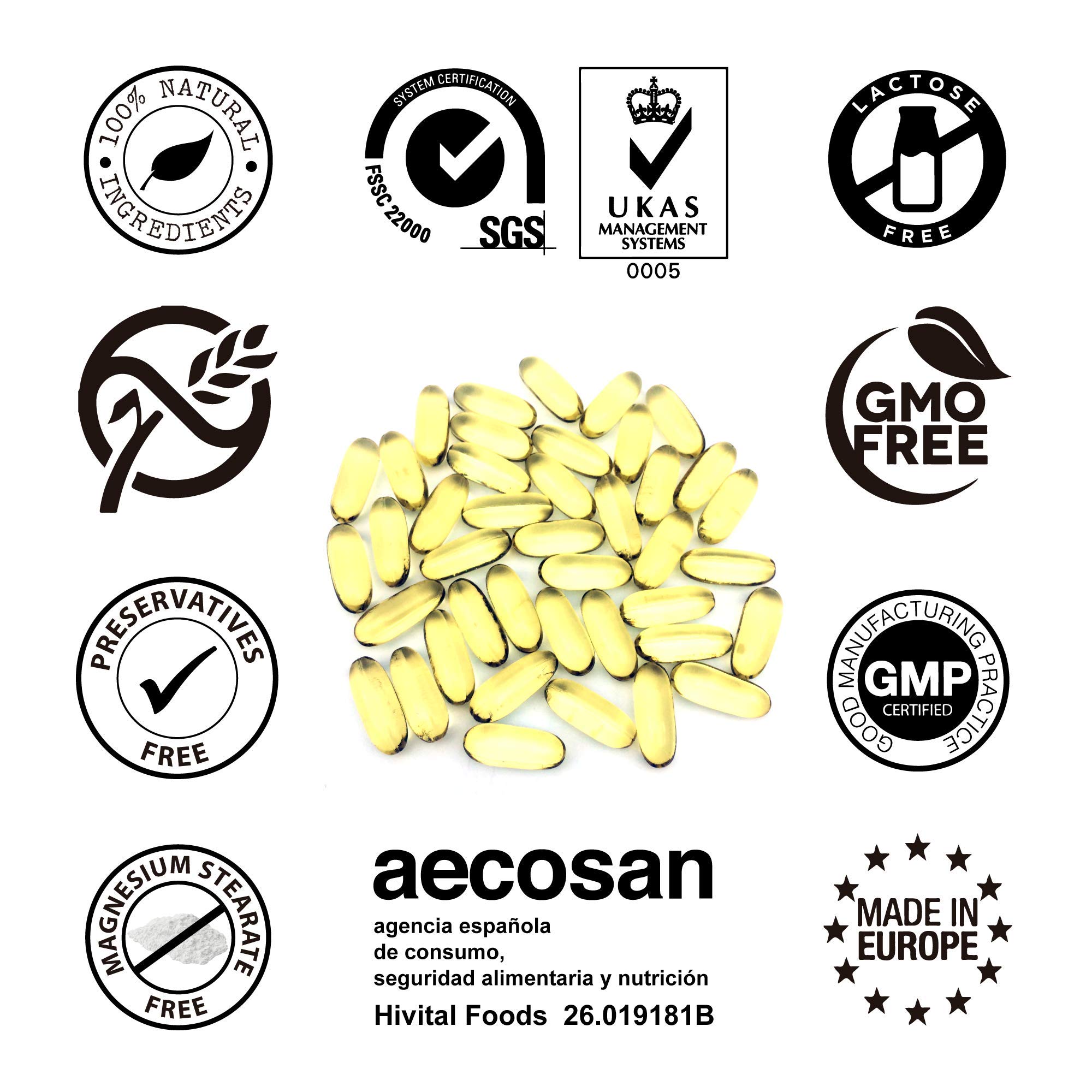 DHA 3200 mg. 180 capsules pour 2 mois de traitement. Avec de l'Huile de Poisson Naturelle sous forme de Triglycéride. 100% Naturel, Sans Gluten, Sans OGM. Fabriqué en Europe par HIVITAL